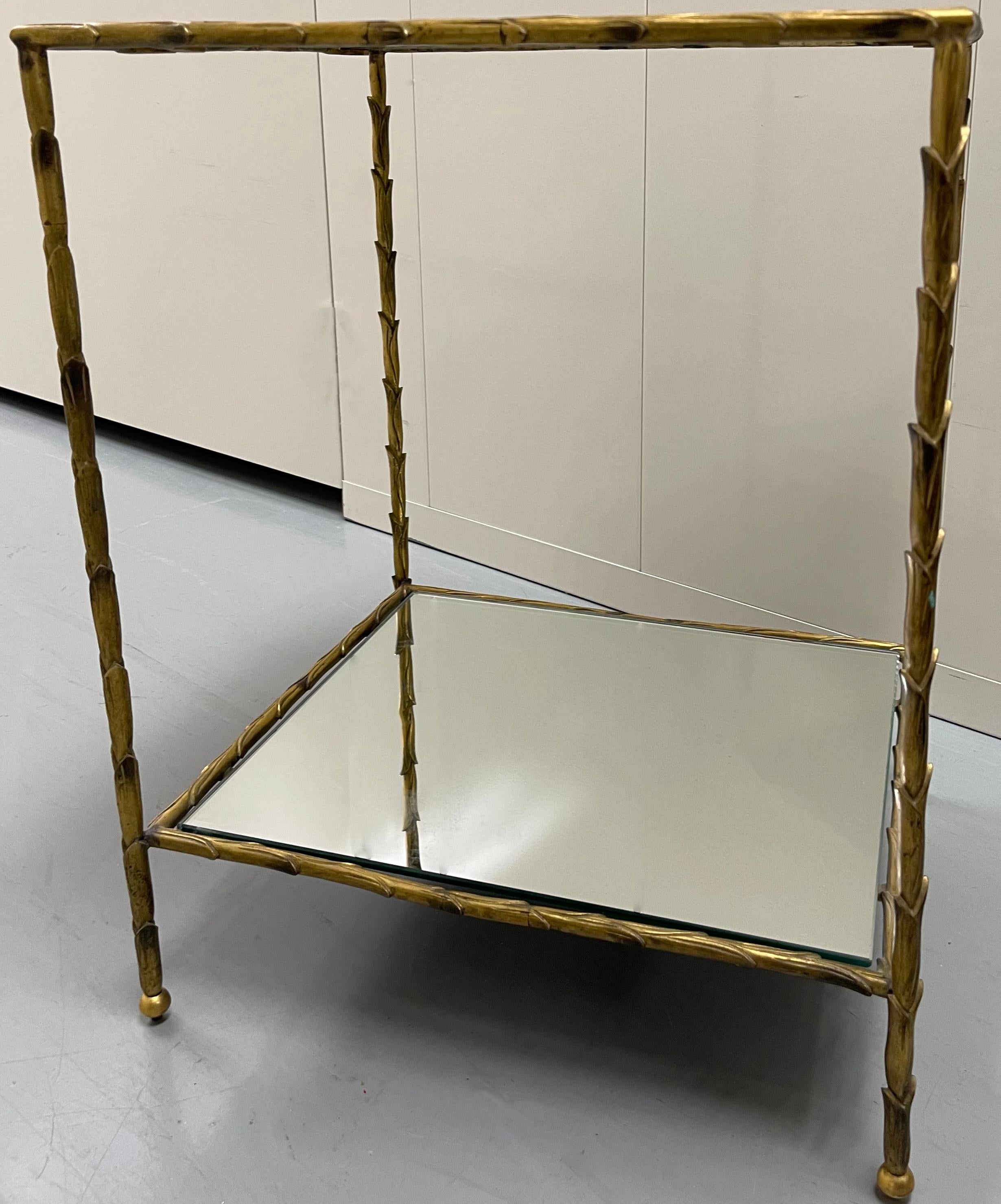 20th Century Pair of Maison Bagues Brass & Mirror Two-Tier Side Tables