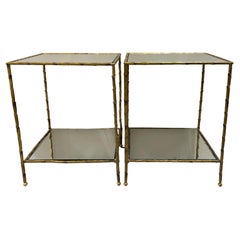 Pair of Maison Bagues Brass & Mirror Two-Tier Side Tables