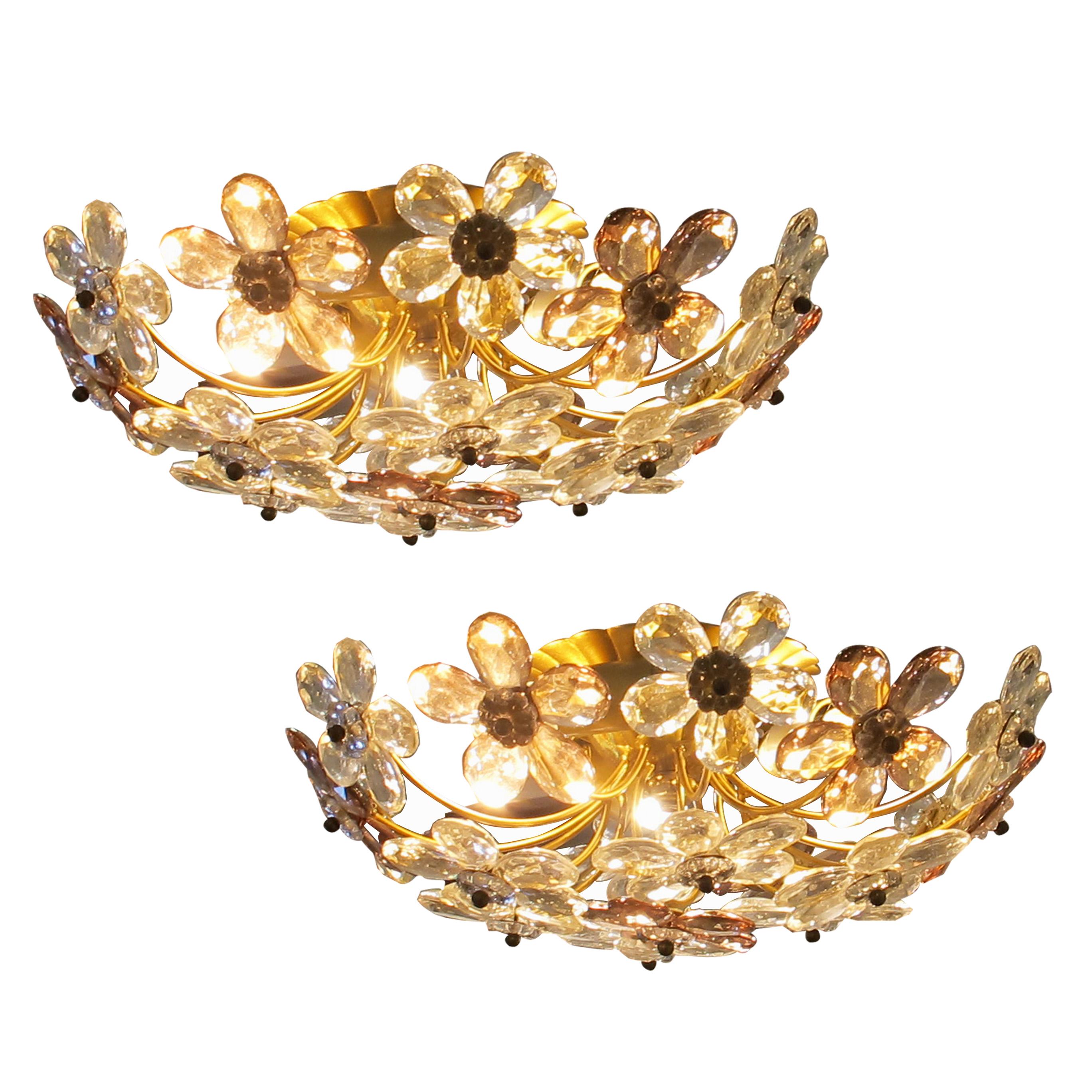 Mid-Century Modern Pair of Maison Bagues Crystal Floral Ceiling Lights, French 1970 For Sale