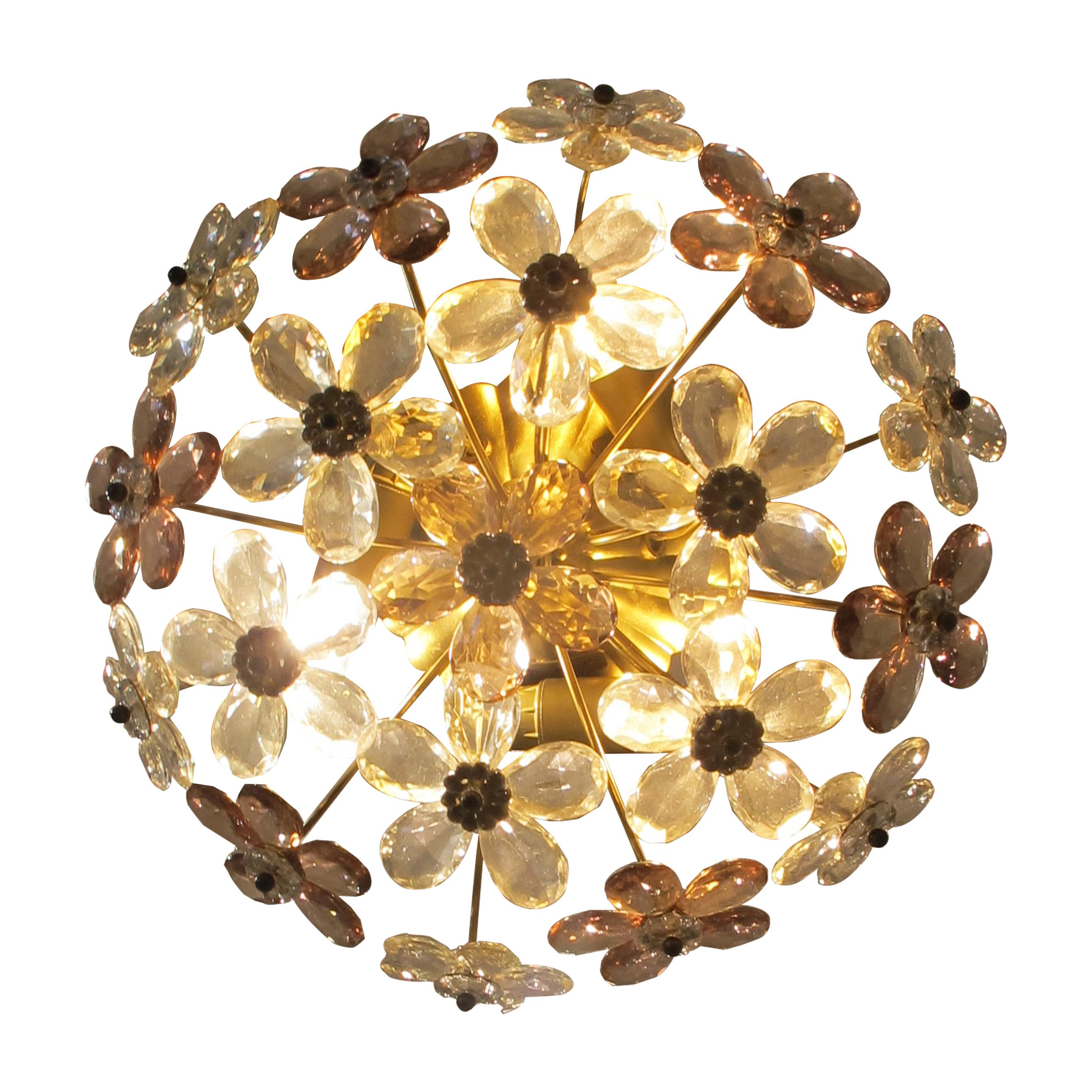 Late 20th Century Pair of Maison Bagues Crystal Floral Ceiling Lights, French 1970 For Sale