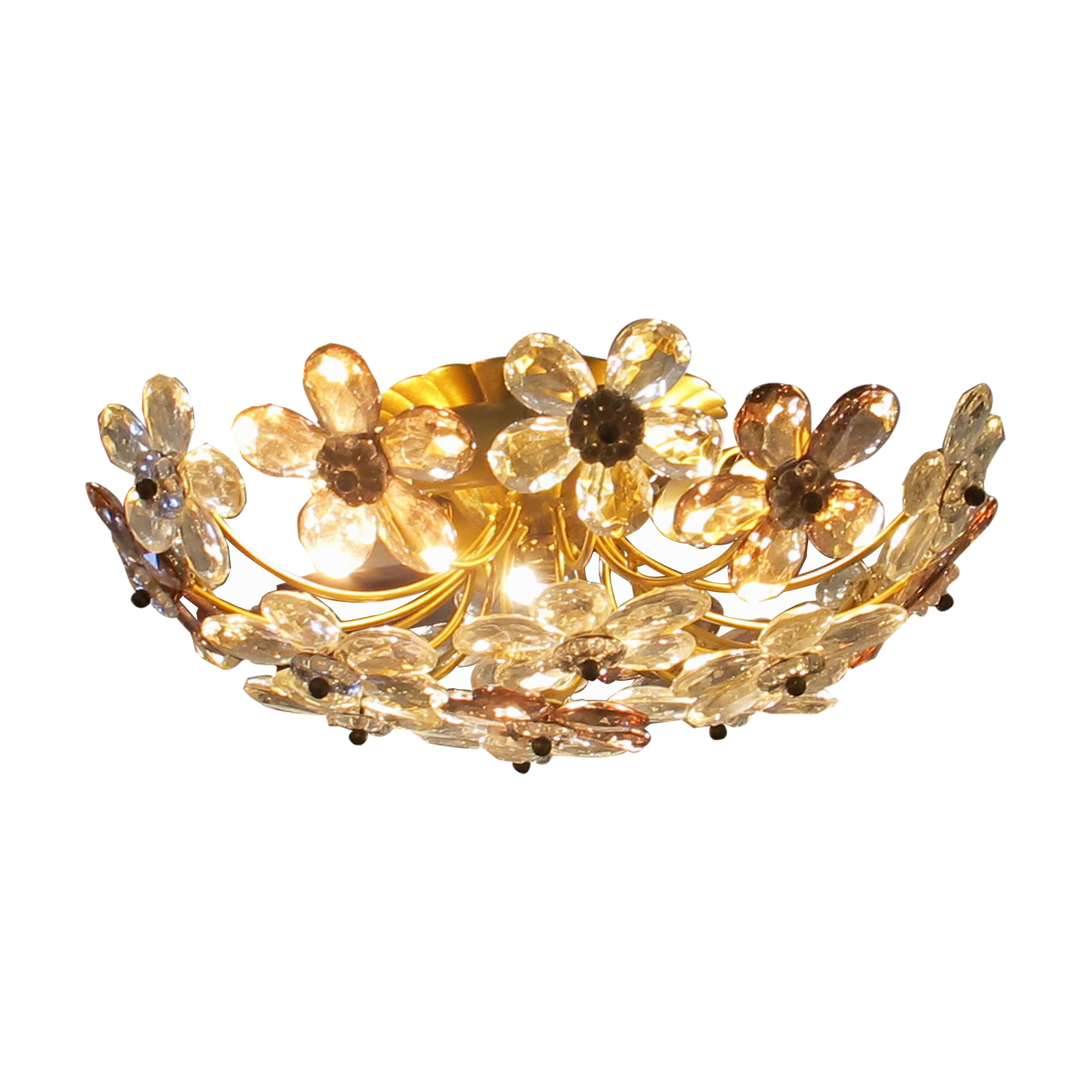 Brass Pair of Maison Bagues Crystal Floral Ceiling Lights, French 1970 For Sale
