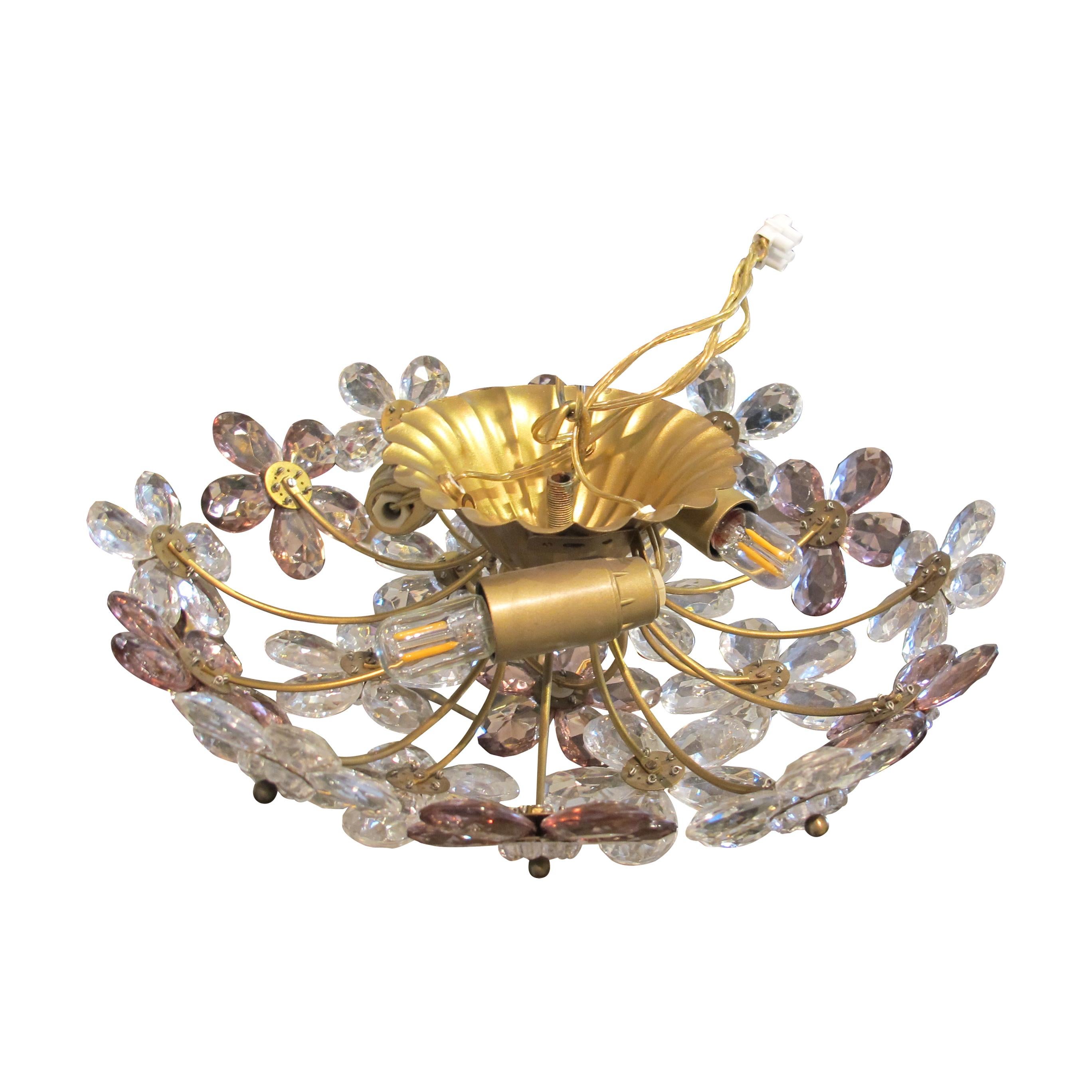 Pair of Maison Bagues Crystal Floral Ceiling Lights, French 1970 For Sale 1