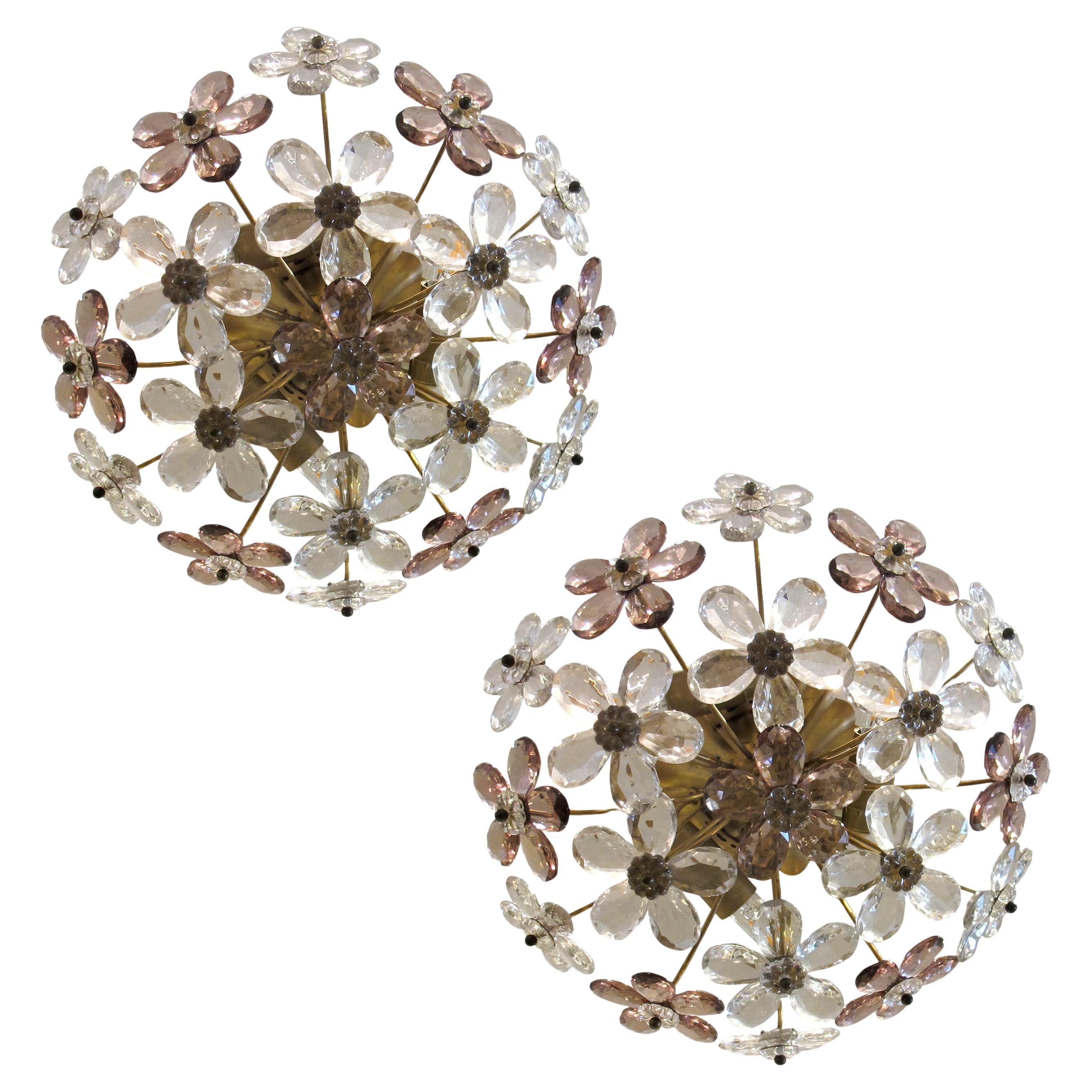Pair of Maison Bagues Crystal Floral Ceiling Lights, French 1970 For Sale