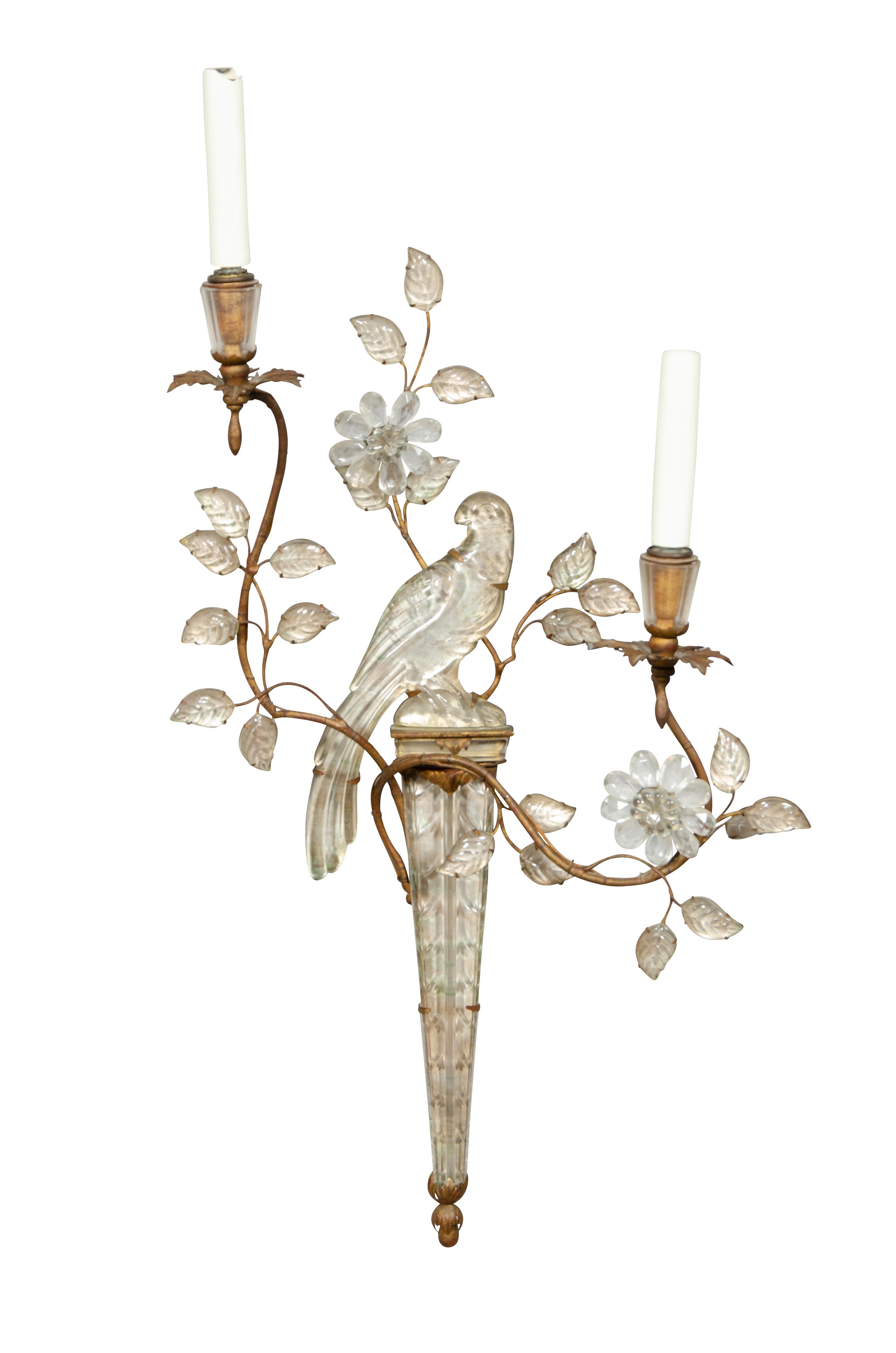 A great pair of the most sought after Bagues sconce design. In great condition with great patina and present very well. Two arm with central bird.