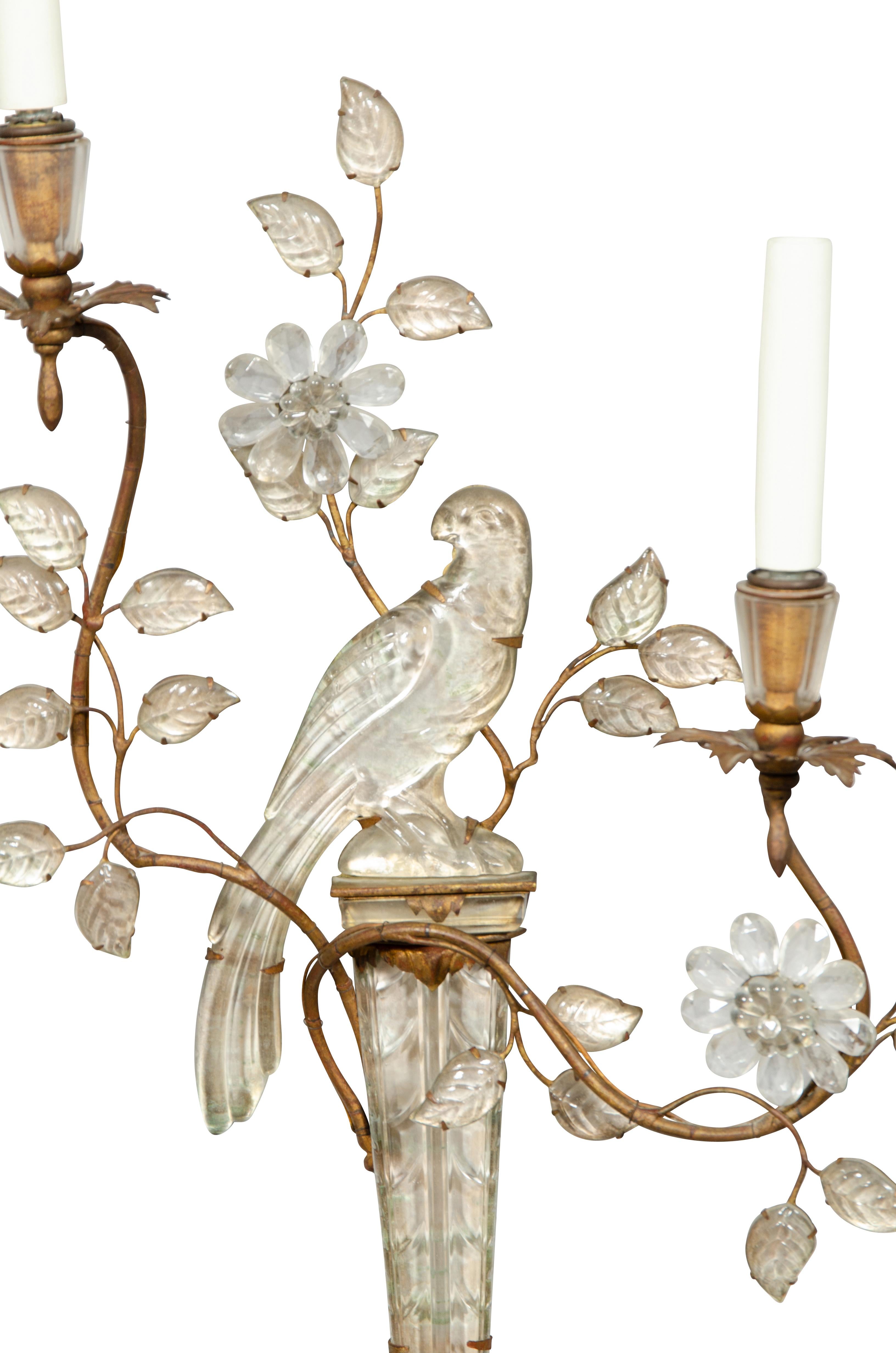 Art Deco Pair of Maison Bagues Crystal Parrot Form Wall Lights