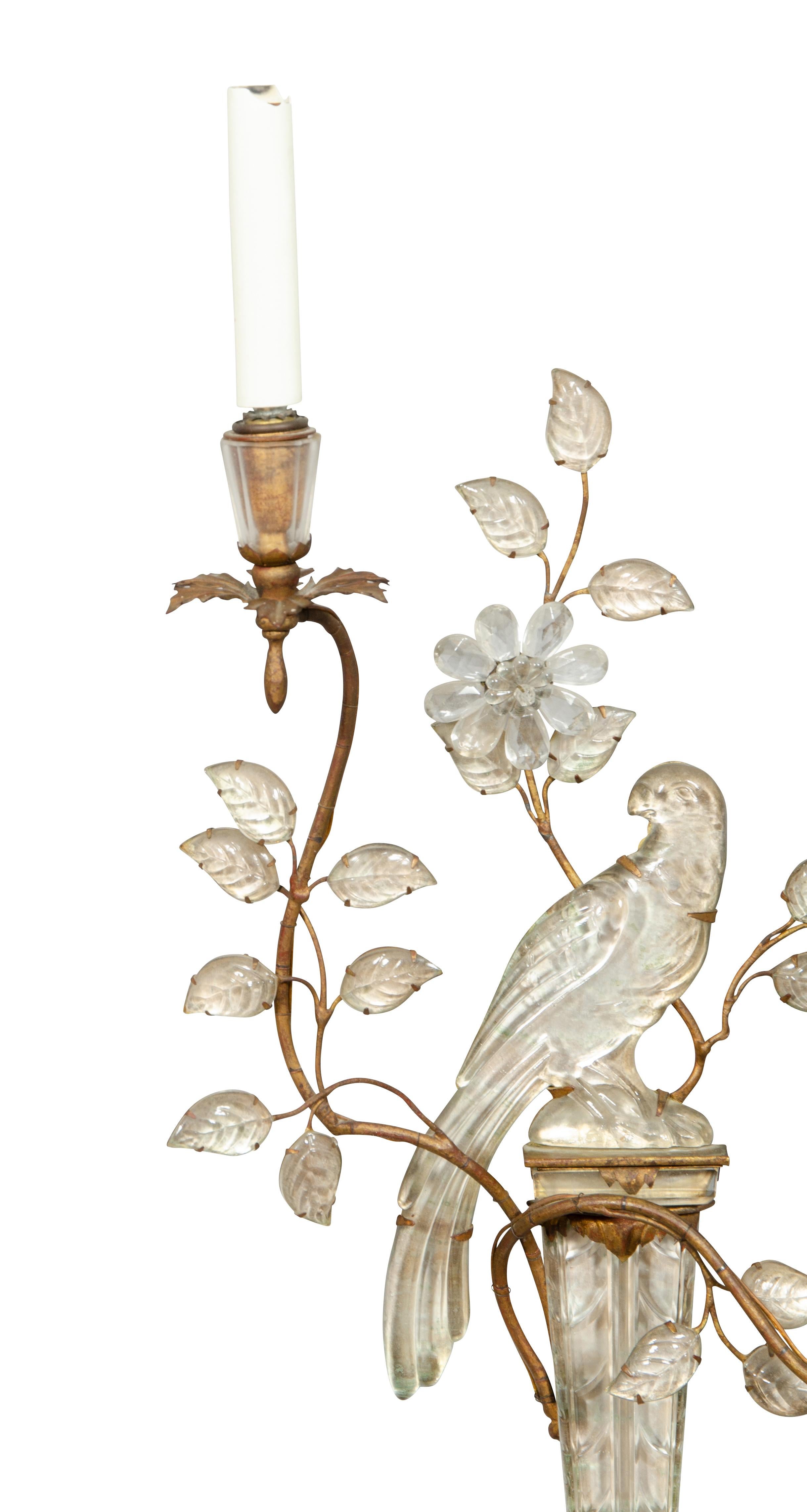 French Pair of Maison Bagues Crystal Parrot Form Wall Lights