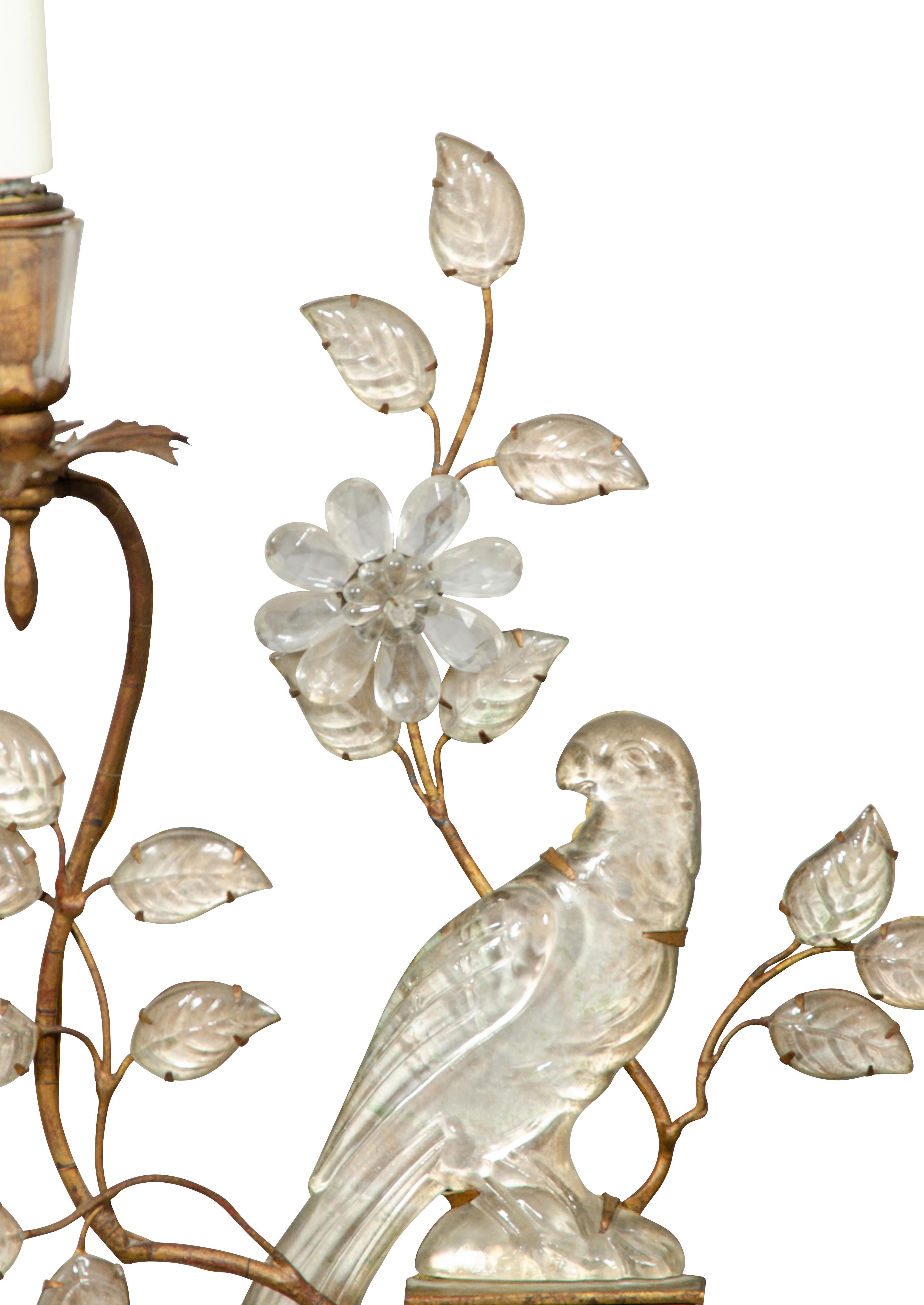 Early 20th Century Pair of Maison Bagues Crystal Parrot Form Wall Lights