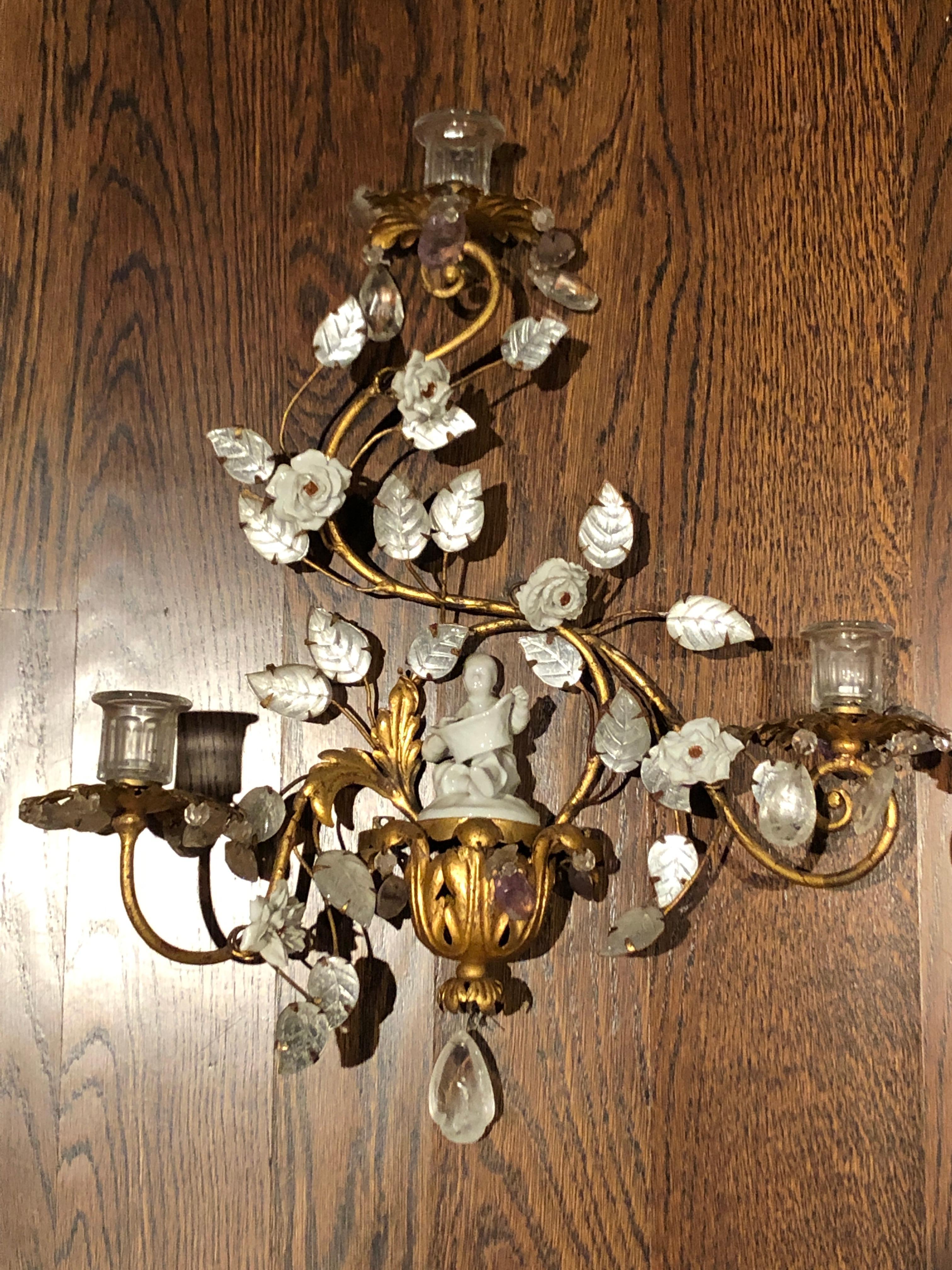 Gilt Pair of Maison Baguès Crystal & Porcelain Sconces For Sale