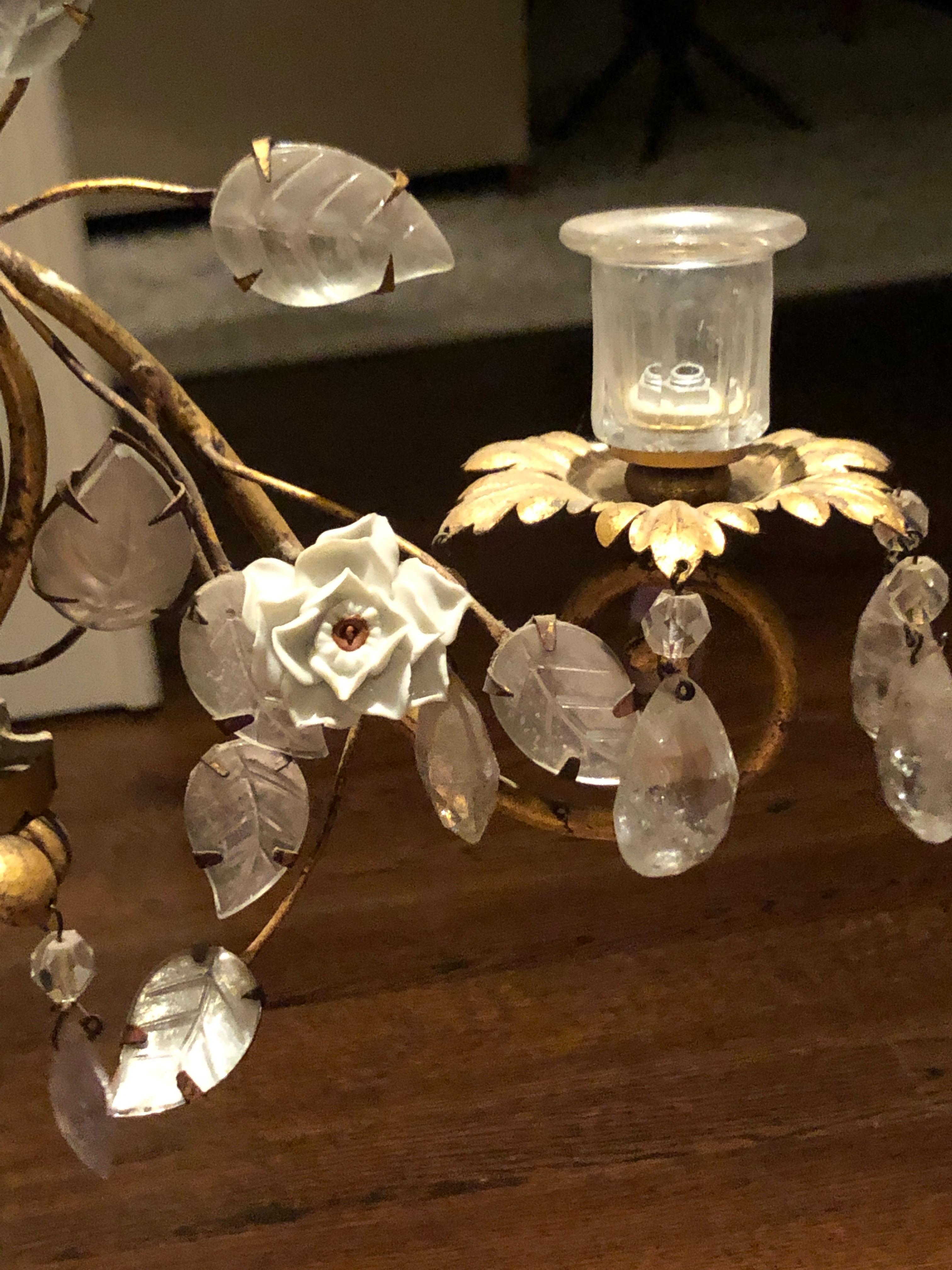 Pair of Maison Baguès Crystal & Porcelain Sconces For Sale 1