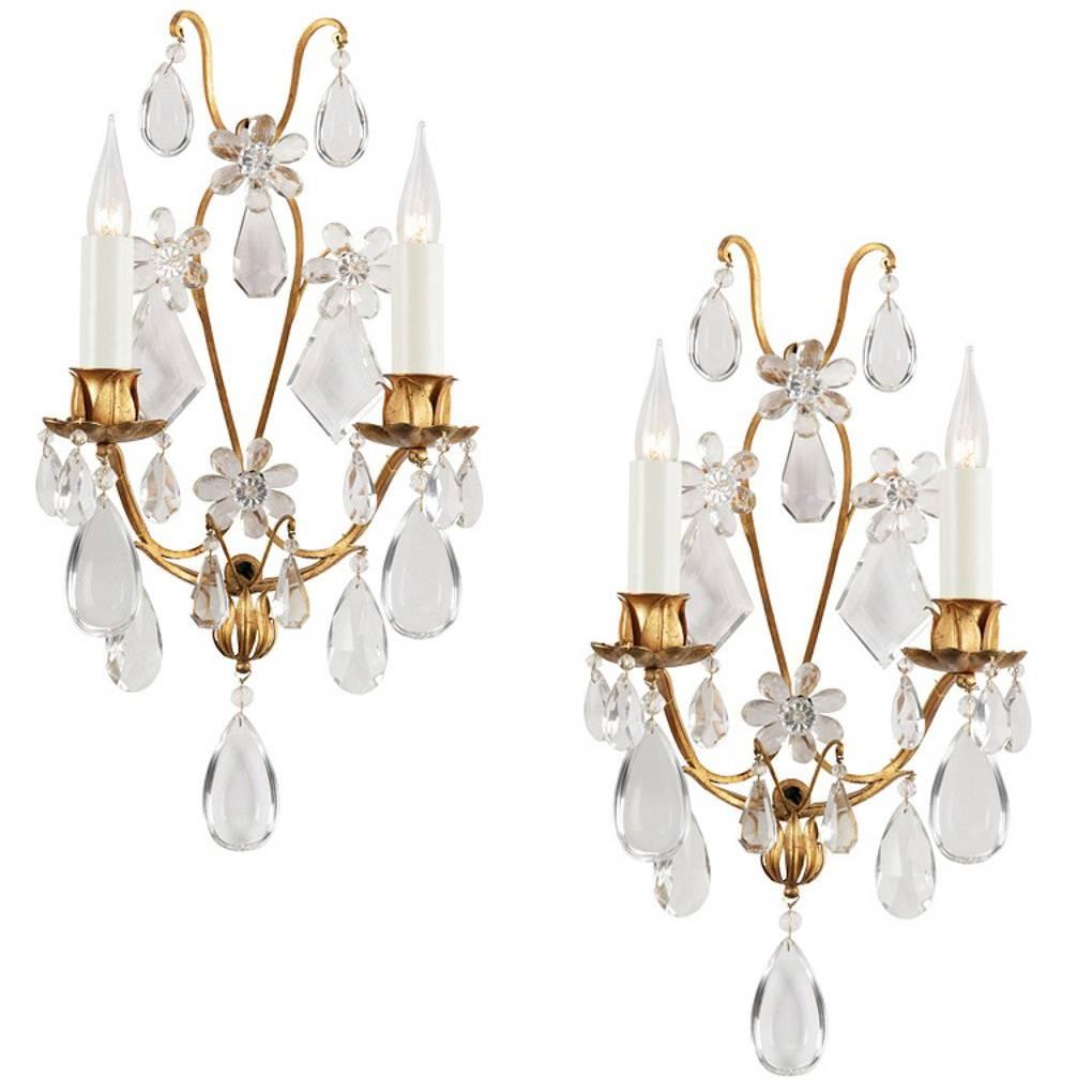 Pair of Certified Maison Baguès Crystal Sconces