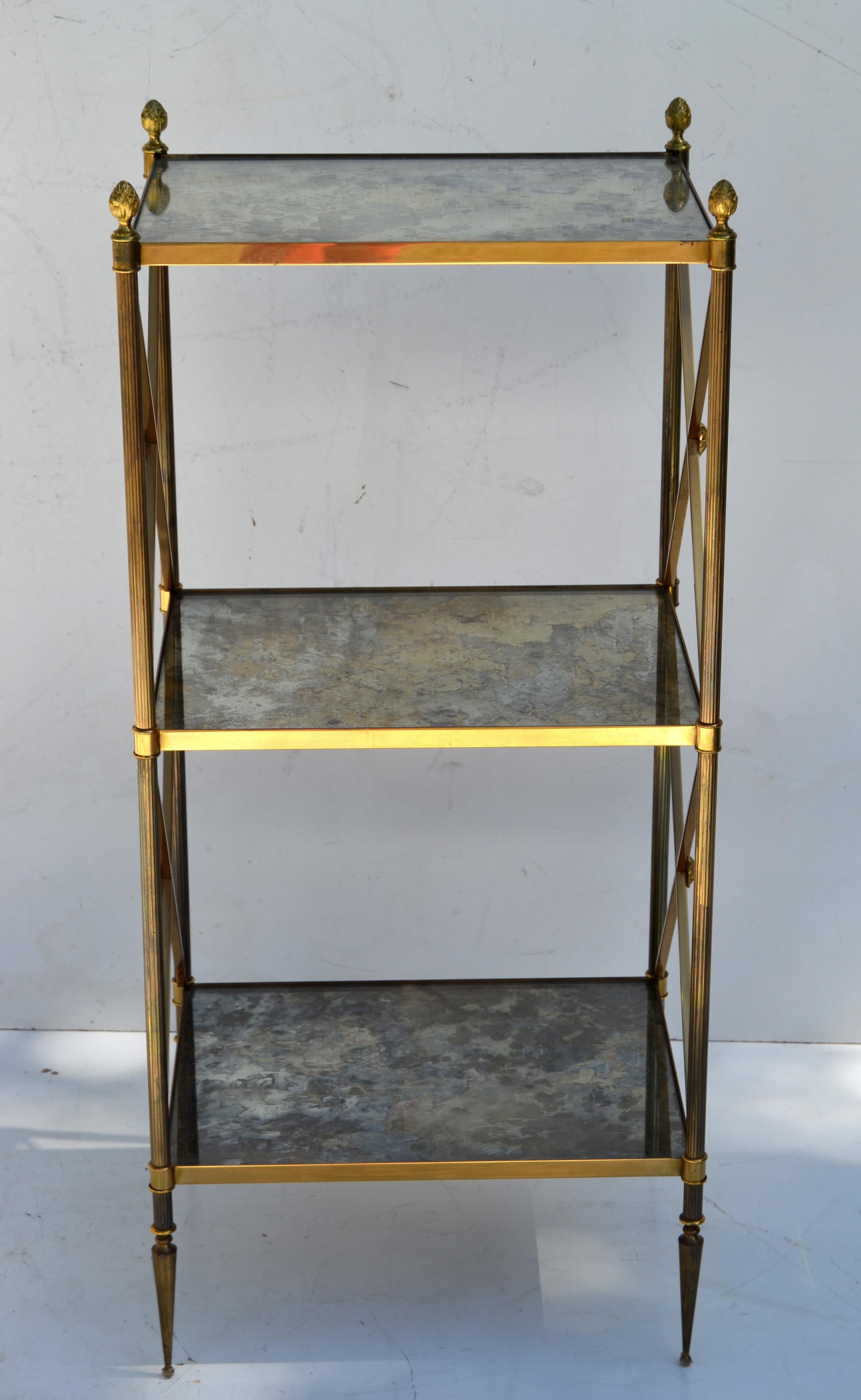 Pair of Maison Baguès French  3 Tier Cloudy Glass Brass Side Table 50s For Sale 6