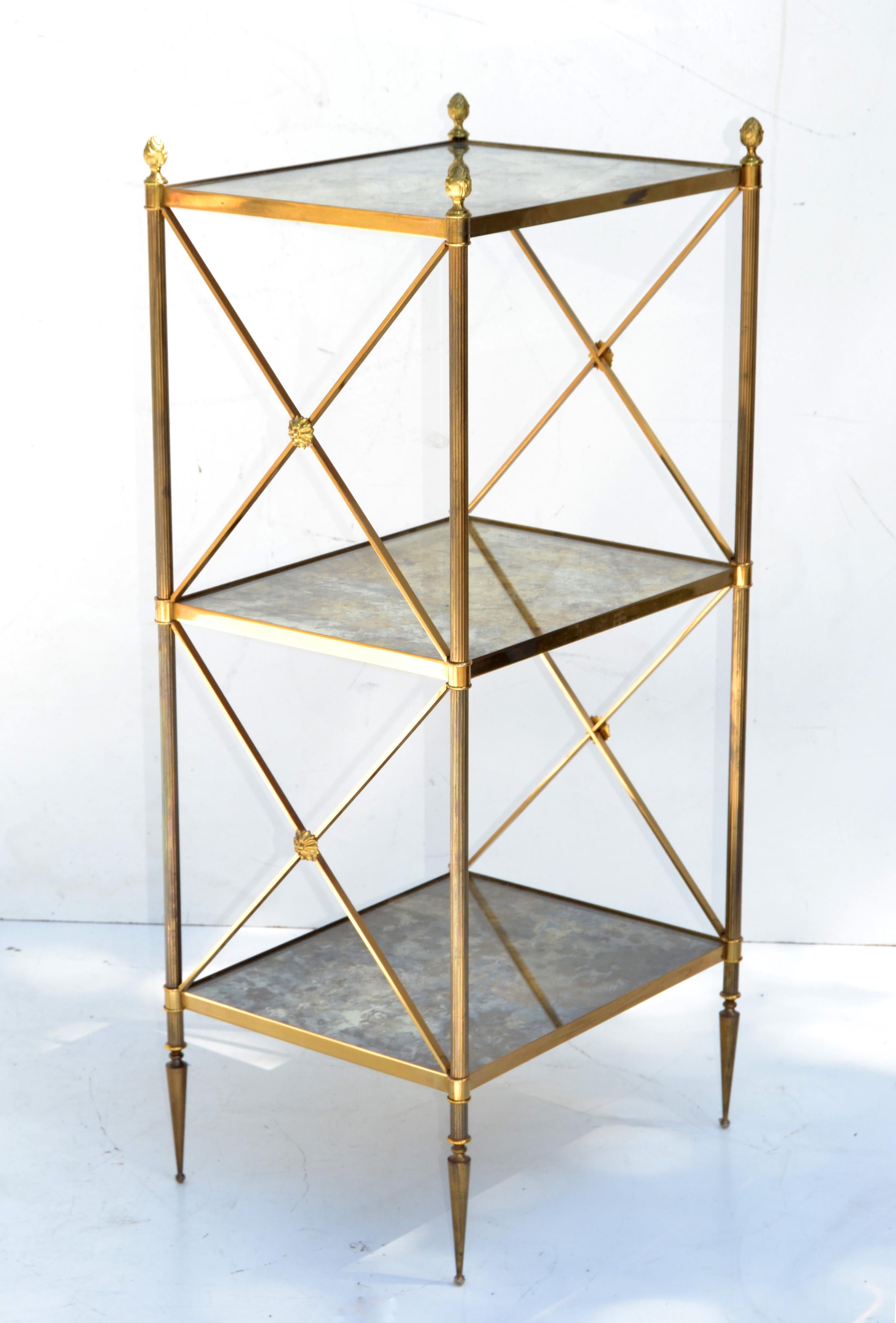 Pair of Maison Baguès French  3 Tier Cloudy Glass Brass Side Table 50s For Sale 7
