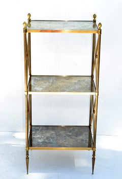 Coppia di Maison Baguès francese  Tavolino a 3 livelli in vetro nuvoloso e ottone anni '50