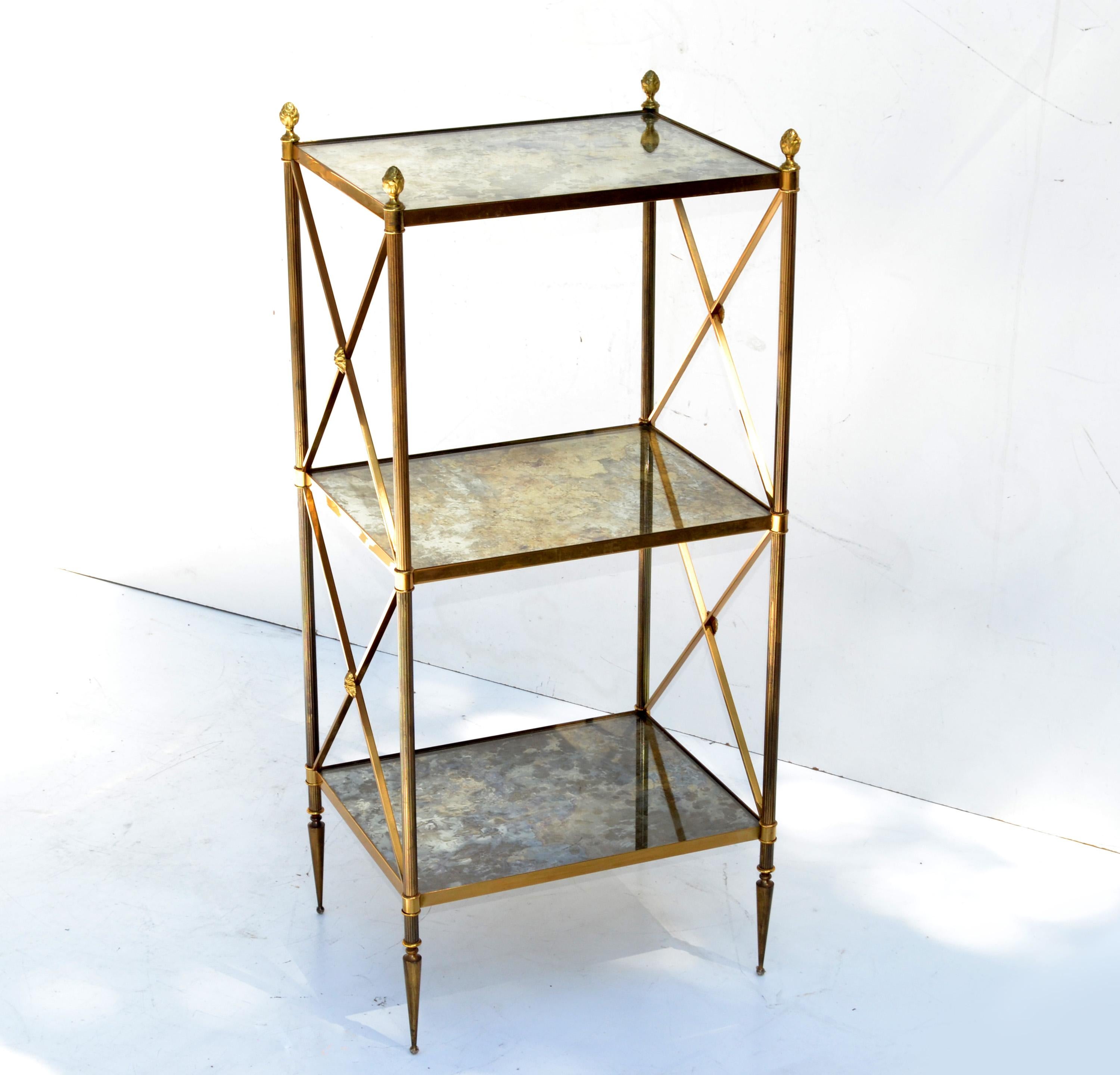 Neoclassical Pair of Maison Baguès French  3 Tier Cloudy Glass Brass Side Table 50s For Sale