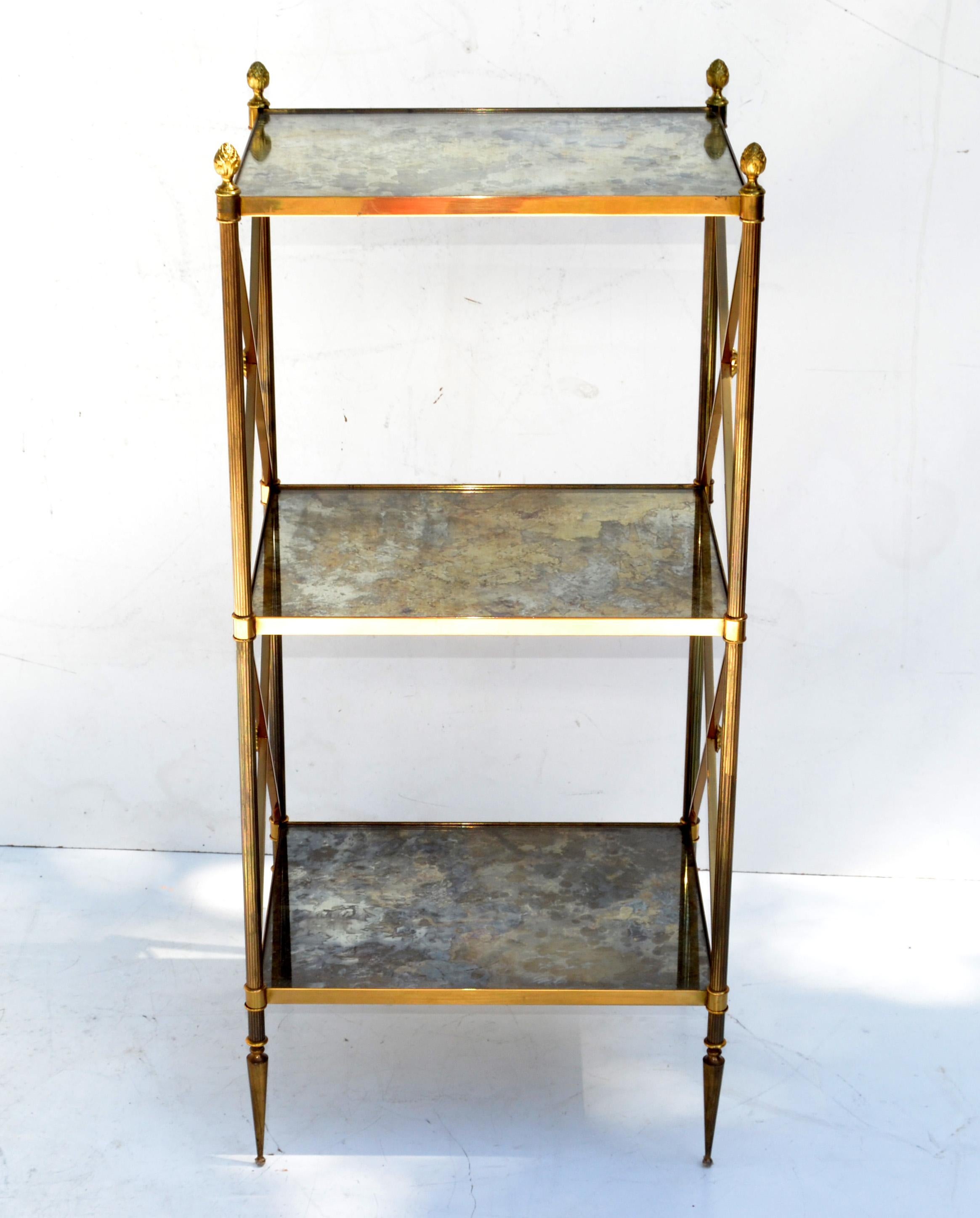 Patinated Pair of Maison Baguès French  3 Tier Cloudy Glass Brass Side Table 50s For Sale