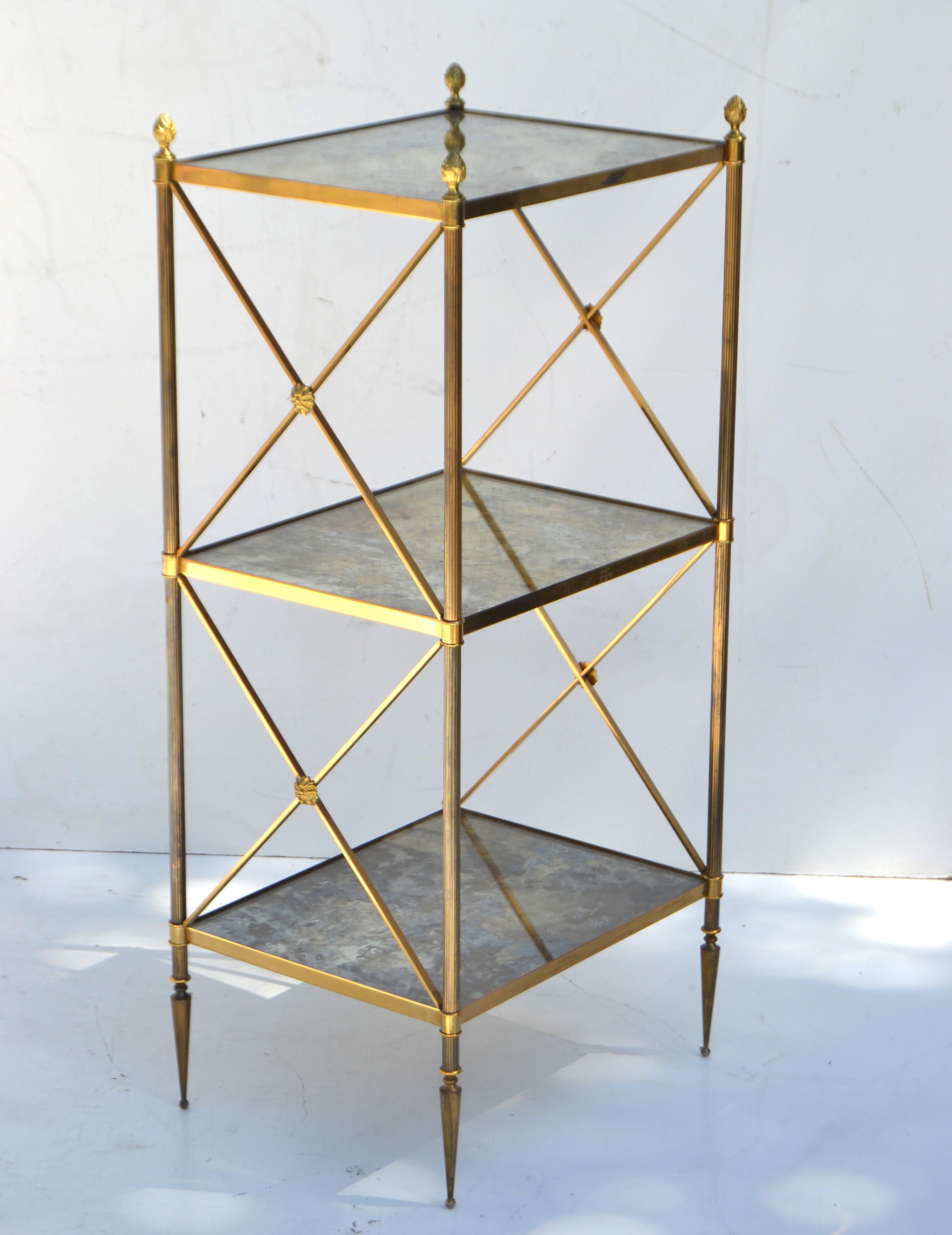 Pair of Maison Baguès French  3 Tier Cloudy Glass Brass Side Table 50s In Good Condition For Sale In Miami, FL