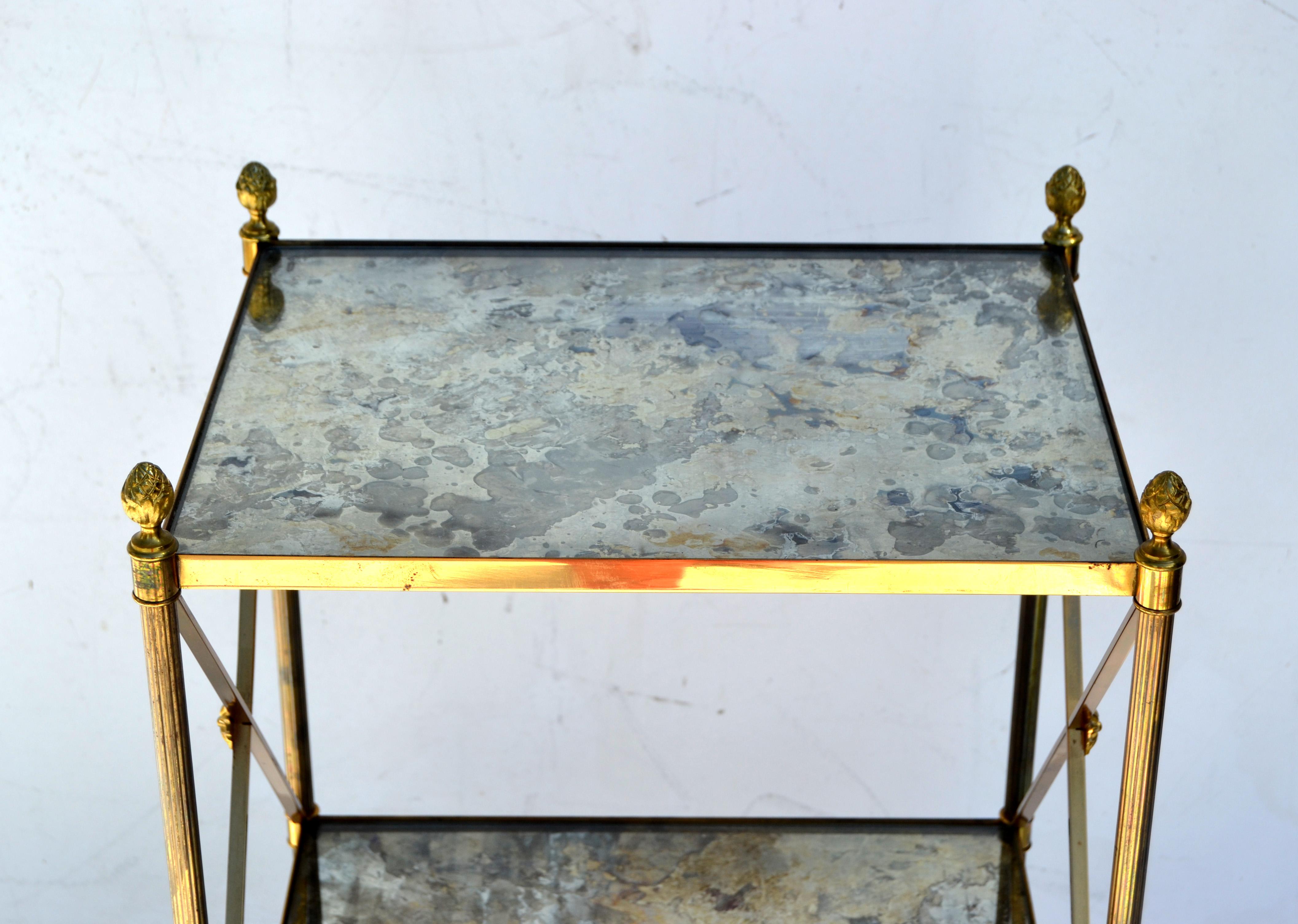 Mid-20th Century Pair of Maison Baguès French  3 Tier Cloudy Glass Brass Side Table 50s For Sale