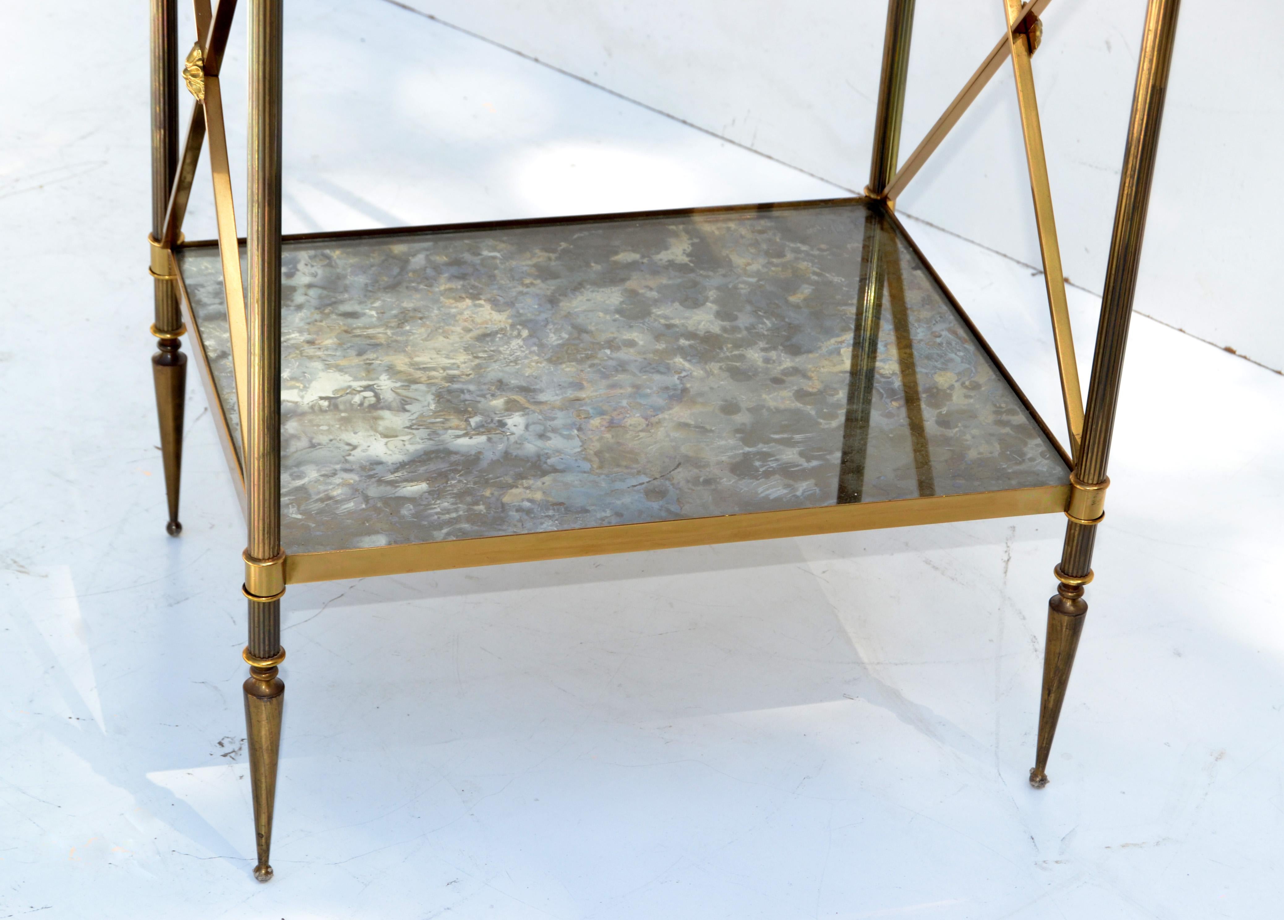 Pair of Maison Baguès French  3 Tier Cloudy Glass Brass Side Table 50s For Sale 1