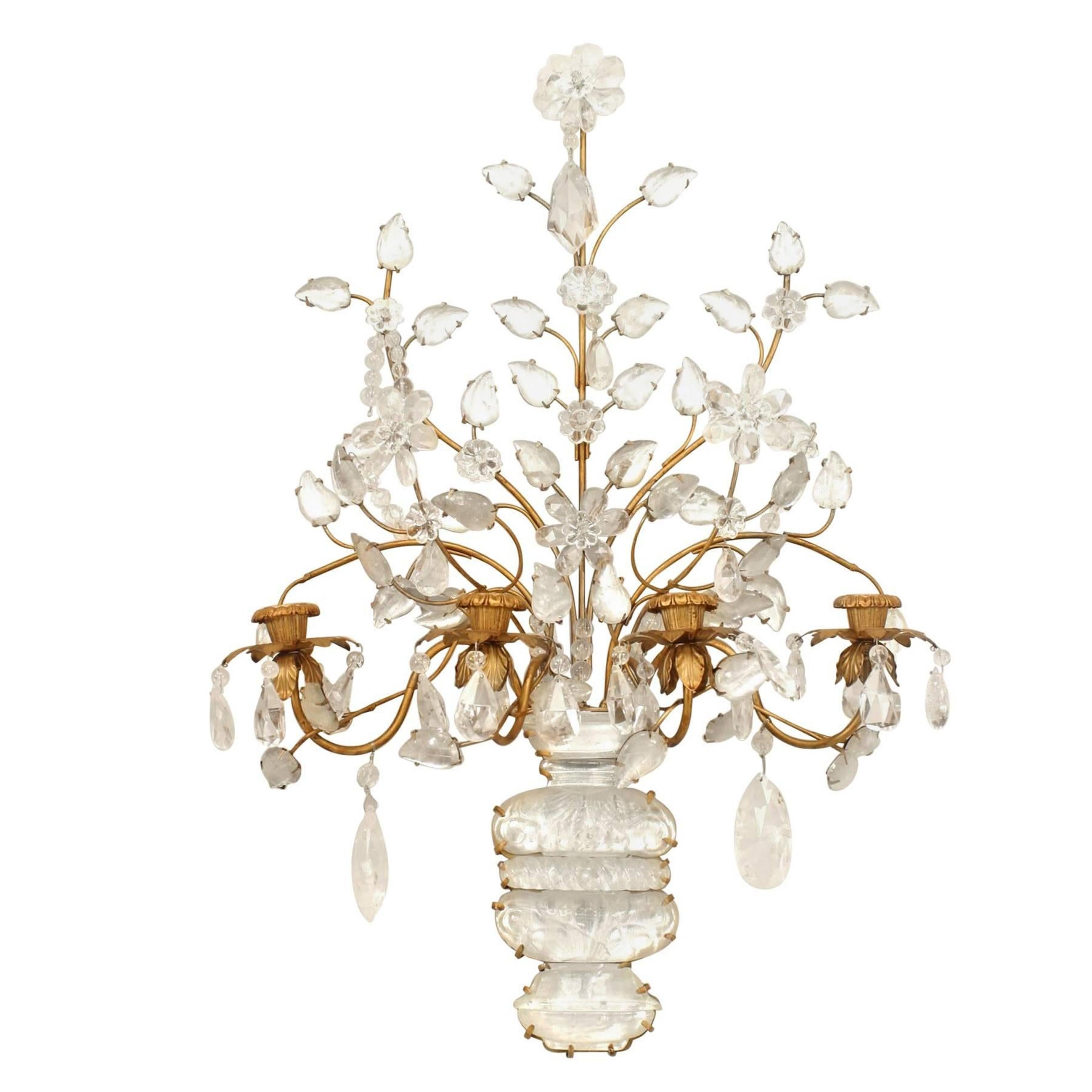 20th Century Pair of Maison Bagues French Art Deco Floral Crystal Wall Sconces For Sale