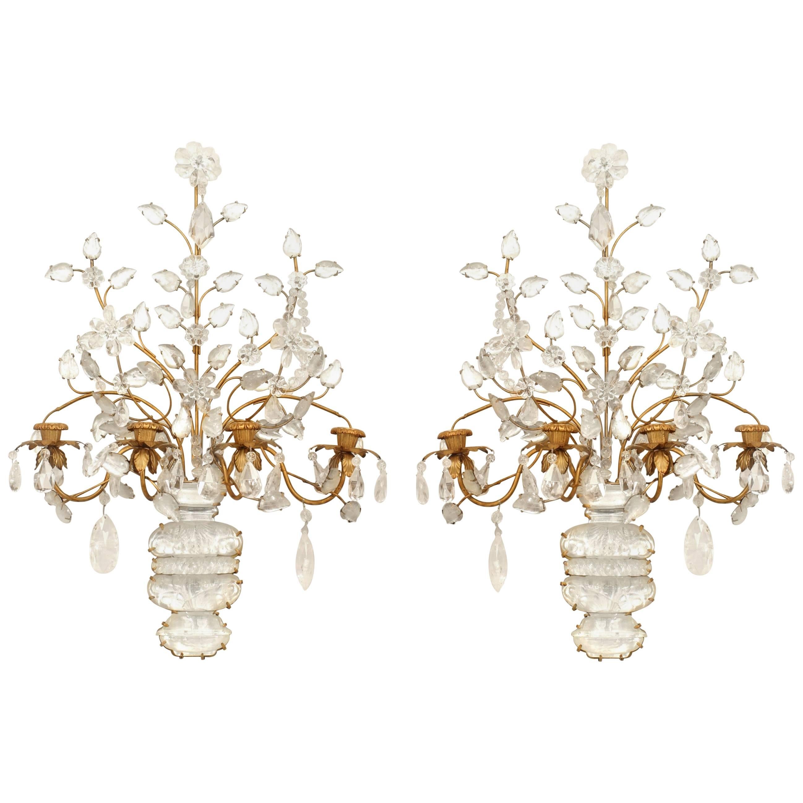Pair of Maison Bagues French Art Deco Floral Crystal Wall Sconces For Sale