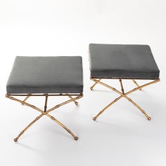 Pair of Maison Baguès French Gilt Iron Faux Bamboo Stools Mousegrey Velvet