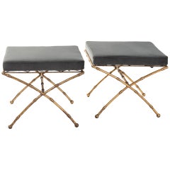 Pair of Maison Baguès French Gilt Iron Faux Bamboo Stools Mousegrey Velvet