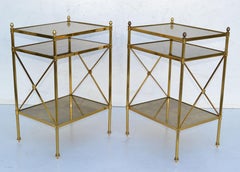 Pair of Maison Baguès French Rectangular 3 Tier Cloudy Glass Brass Side Table 50