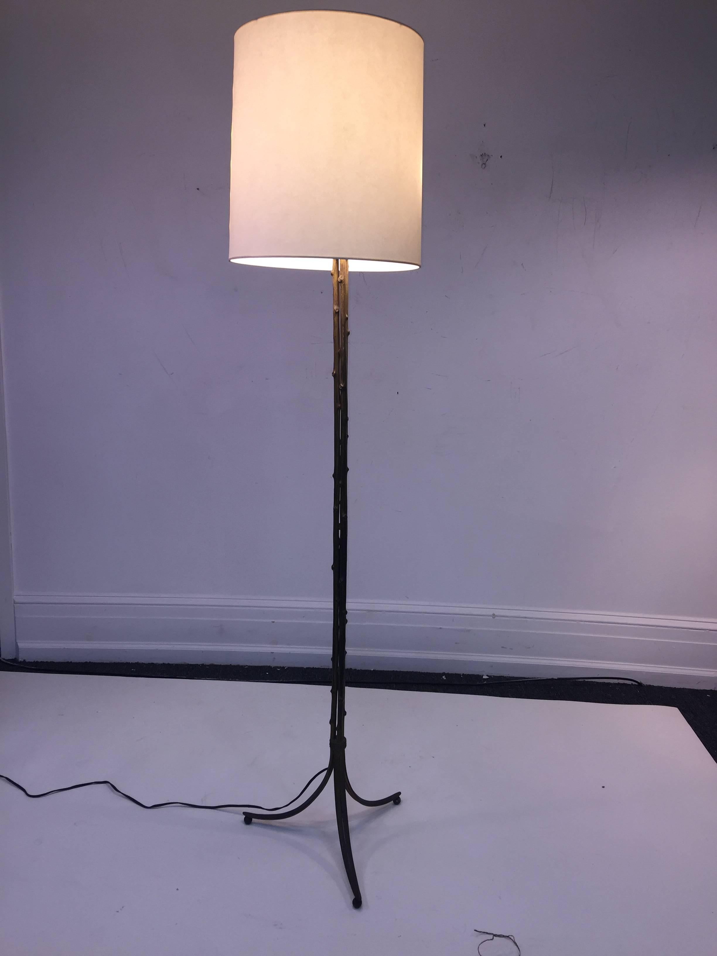 Pair of Maison Baguès Gilt Bronze Bamboo Tripod Base Floor Lamps For Sale 4
