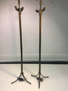 Pair of Maison Baguès Gilt Bronze Bamboo Tripod Base Floor Lamps