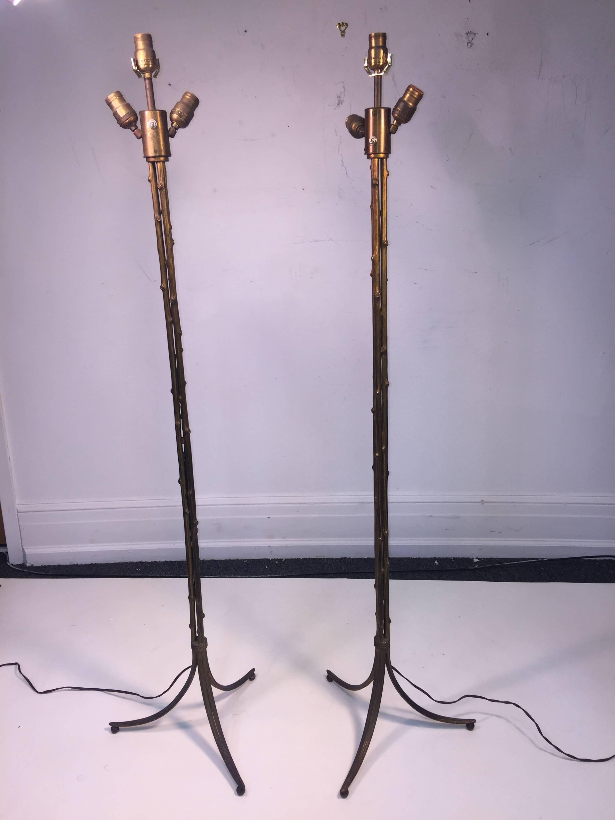 Pair of Maison Baguès Gilt Bronze Bamboo Tripod Base Floor Lamps For Sale 2