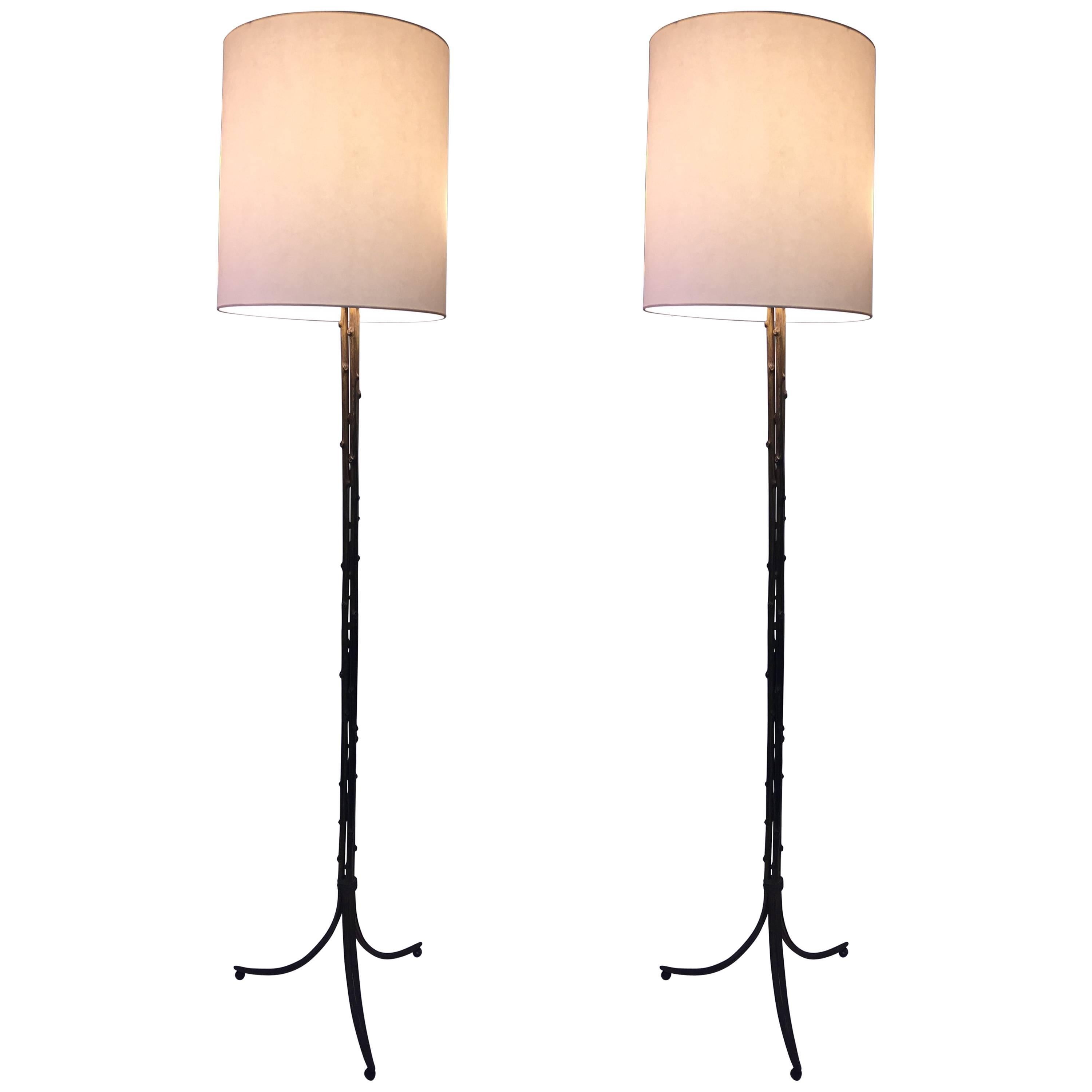 Pair of Maison Baguès Gilt Bronze Bamboo Tripod Base Floor Lamps For Sale