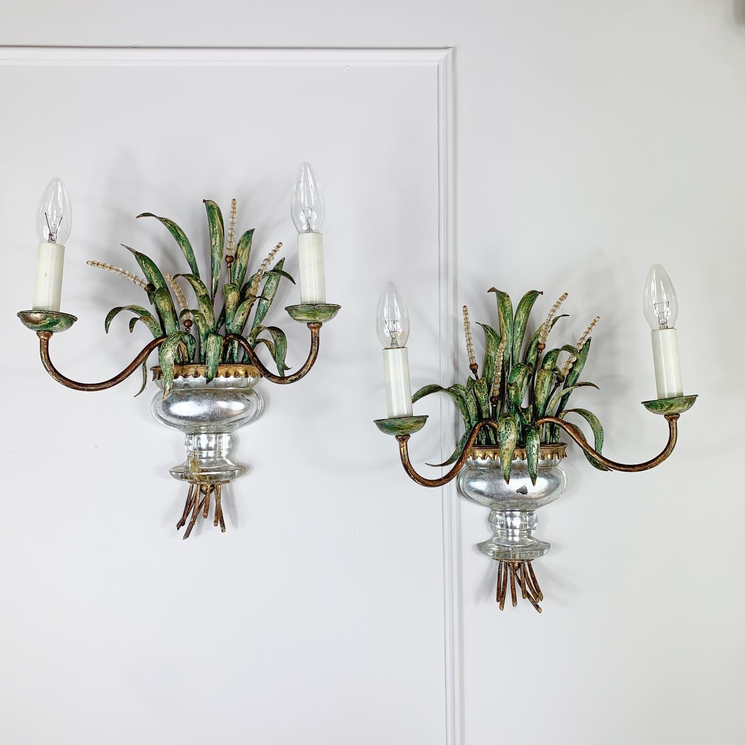 French Pair of Maison Bagues Gilt Crystal Hand Painted Green Wheat Sheaf Wall Lights For Sale