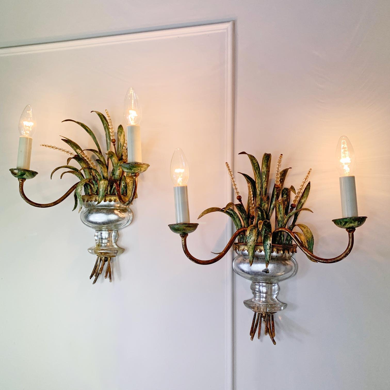 Hand-Painted Pair of Maison Bagues Gilt Crystal Hand Painted Green Wheat Sheaf Wall Lights For Sale