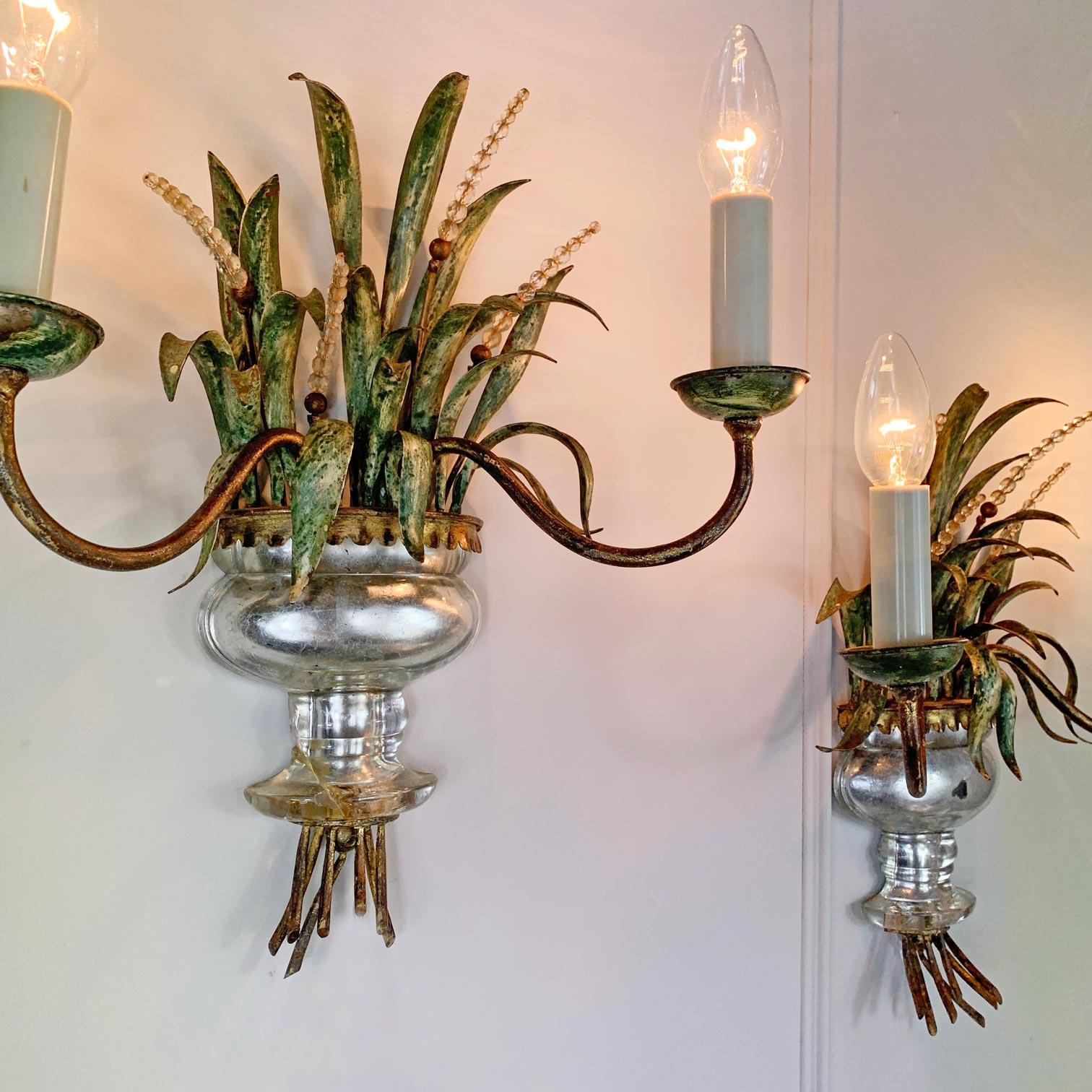 Pair of Maison Bagues Gilt Crystal Hand Painted Green Wheat Sheaf Wall Lights For Sale 2