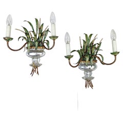 Pair of Maison Bagues Gilt Crystal Hand Painted Green Wheat Sheaf Wall Lights