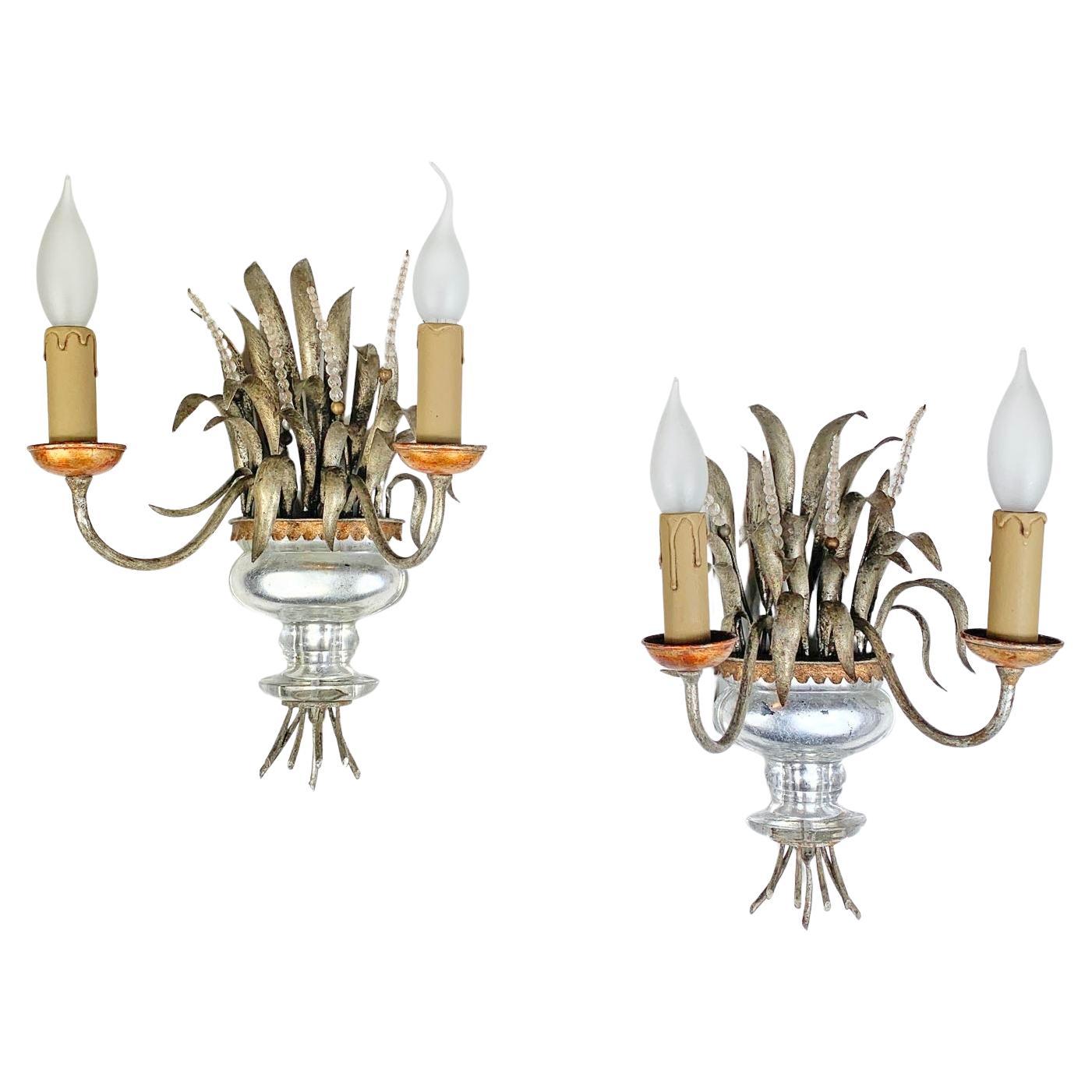 Pair of Maison Bagues Gilt Crystal Silver Wall Lights en venta