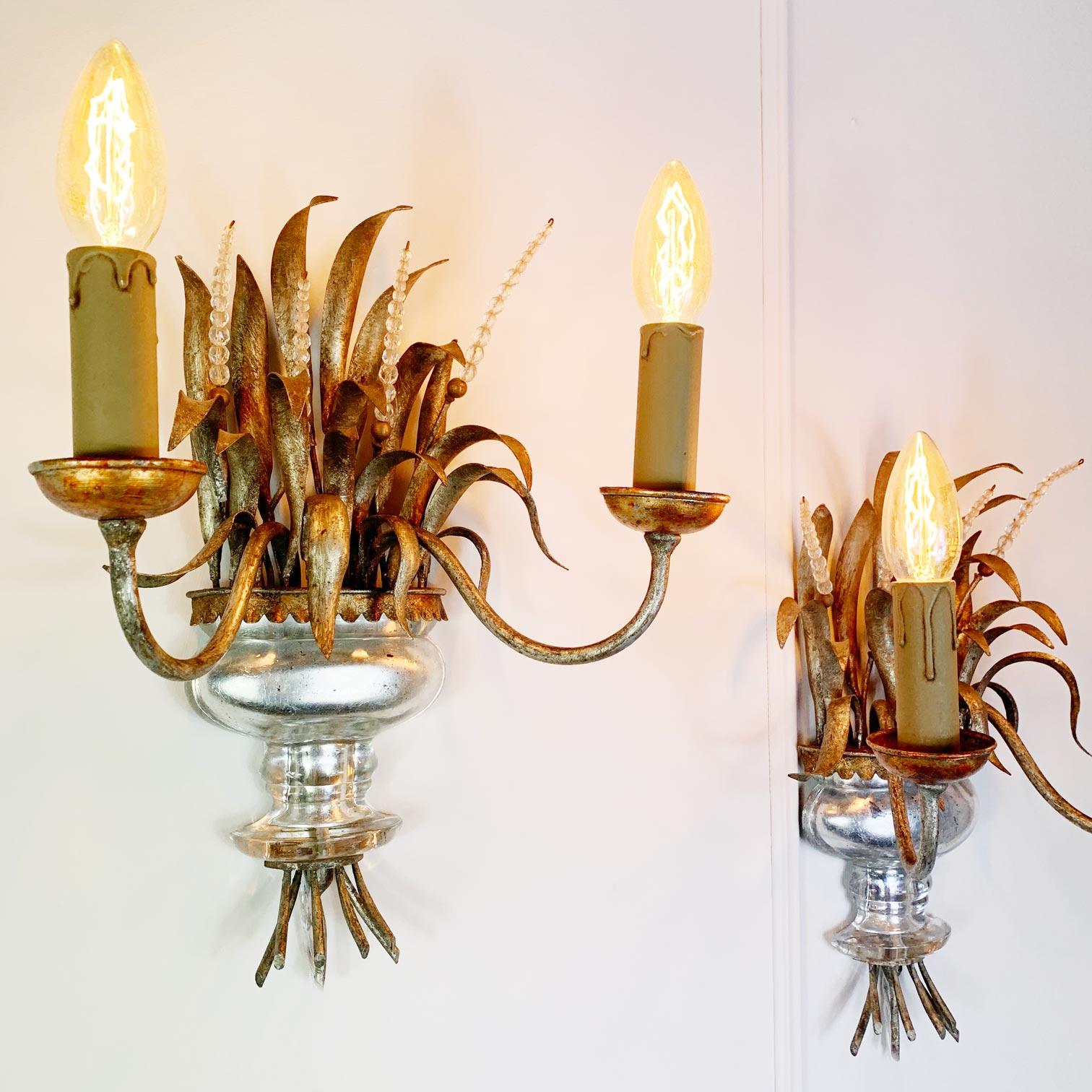 Pair of Maison Bagues Gilt Crystal Silver Wall Lights In Good Condition For Sale In Hastings, GB