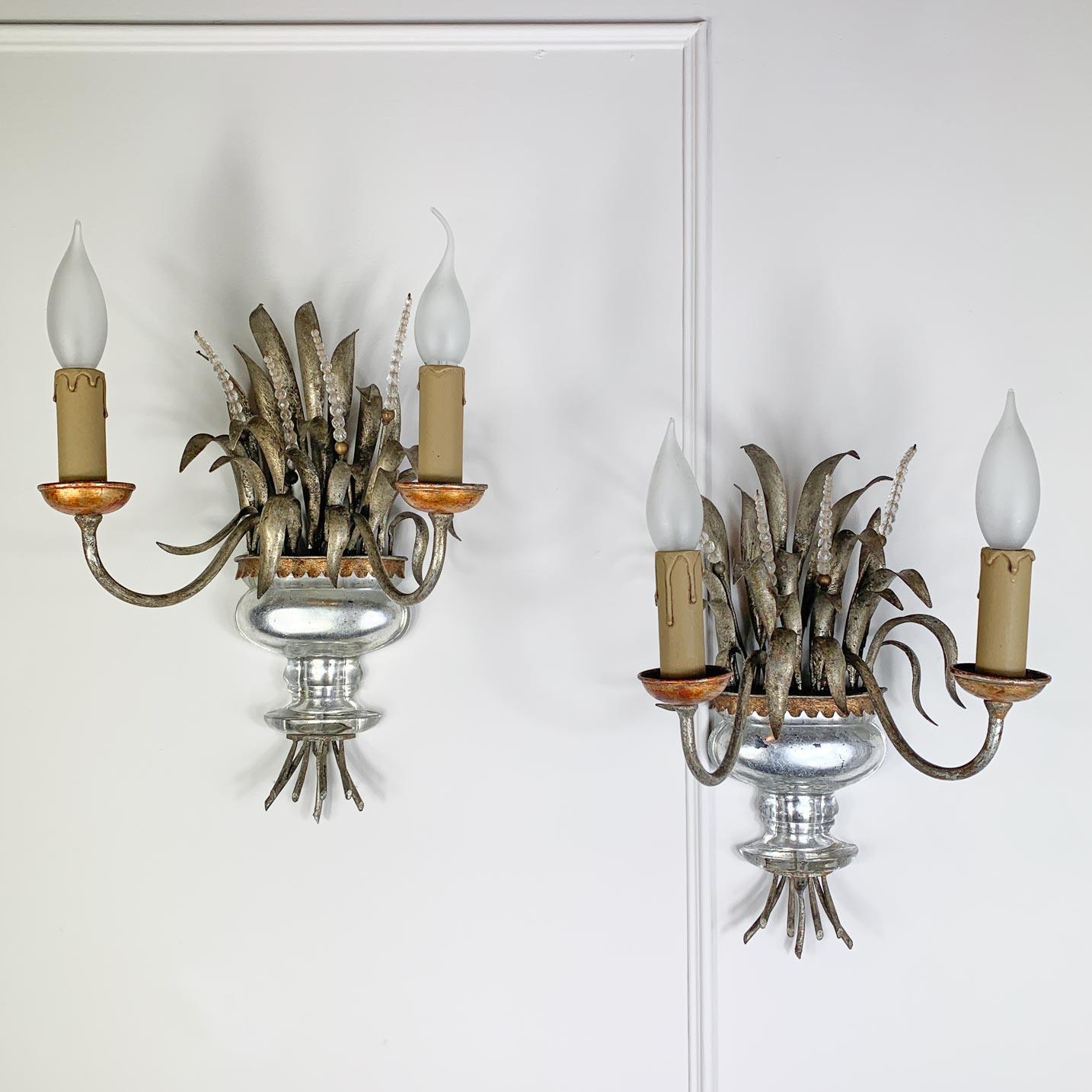 Pair of Maison Bagues Gilt Crystal Silver Wall Lights For Sale 2