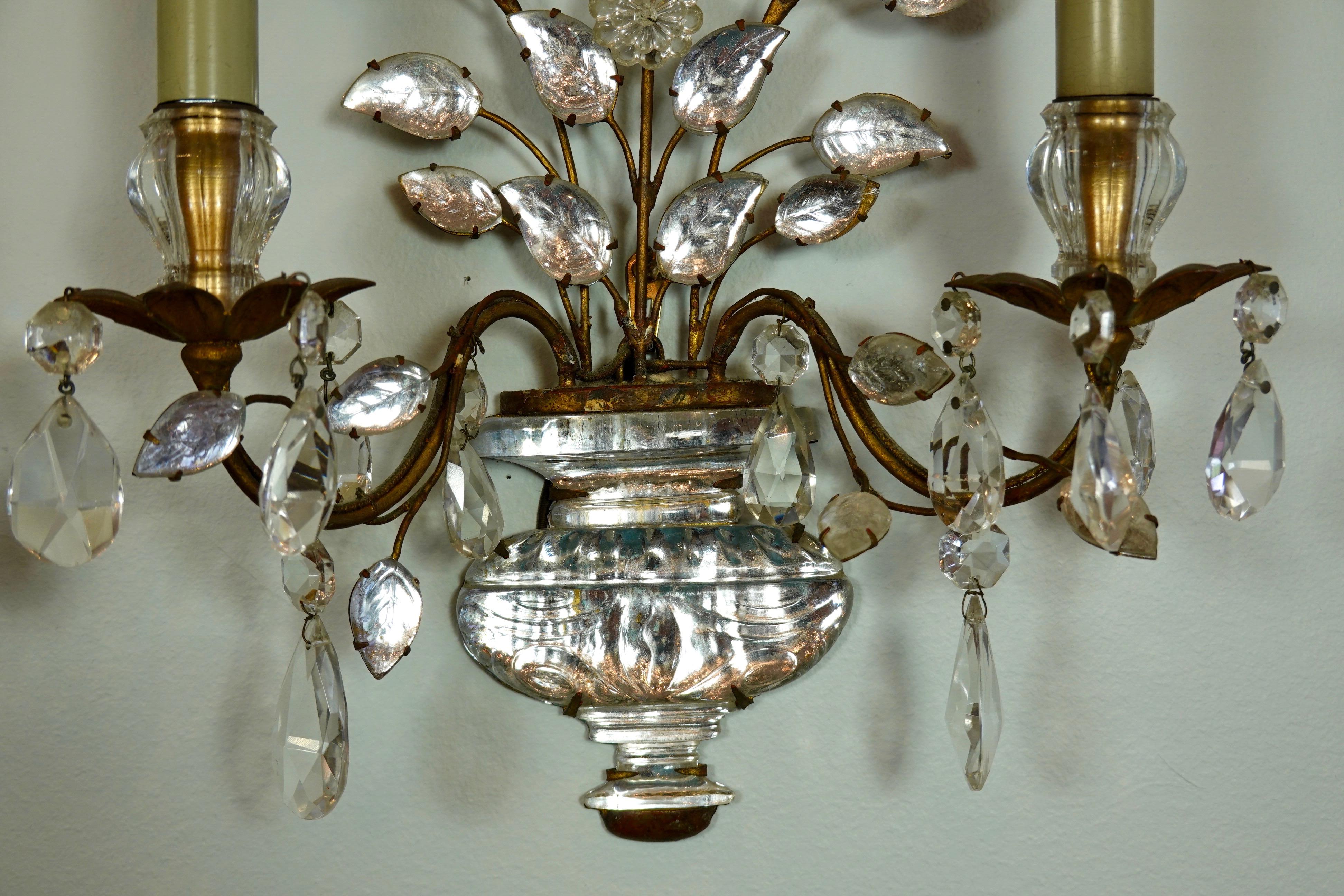 Pair of Maison Bagues Gilt-Iron and Crystal Flower and Leaf Sconces 2