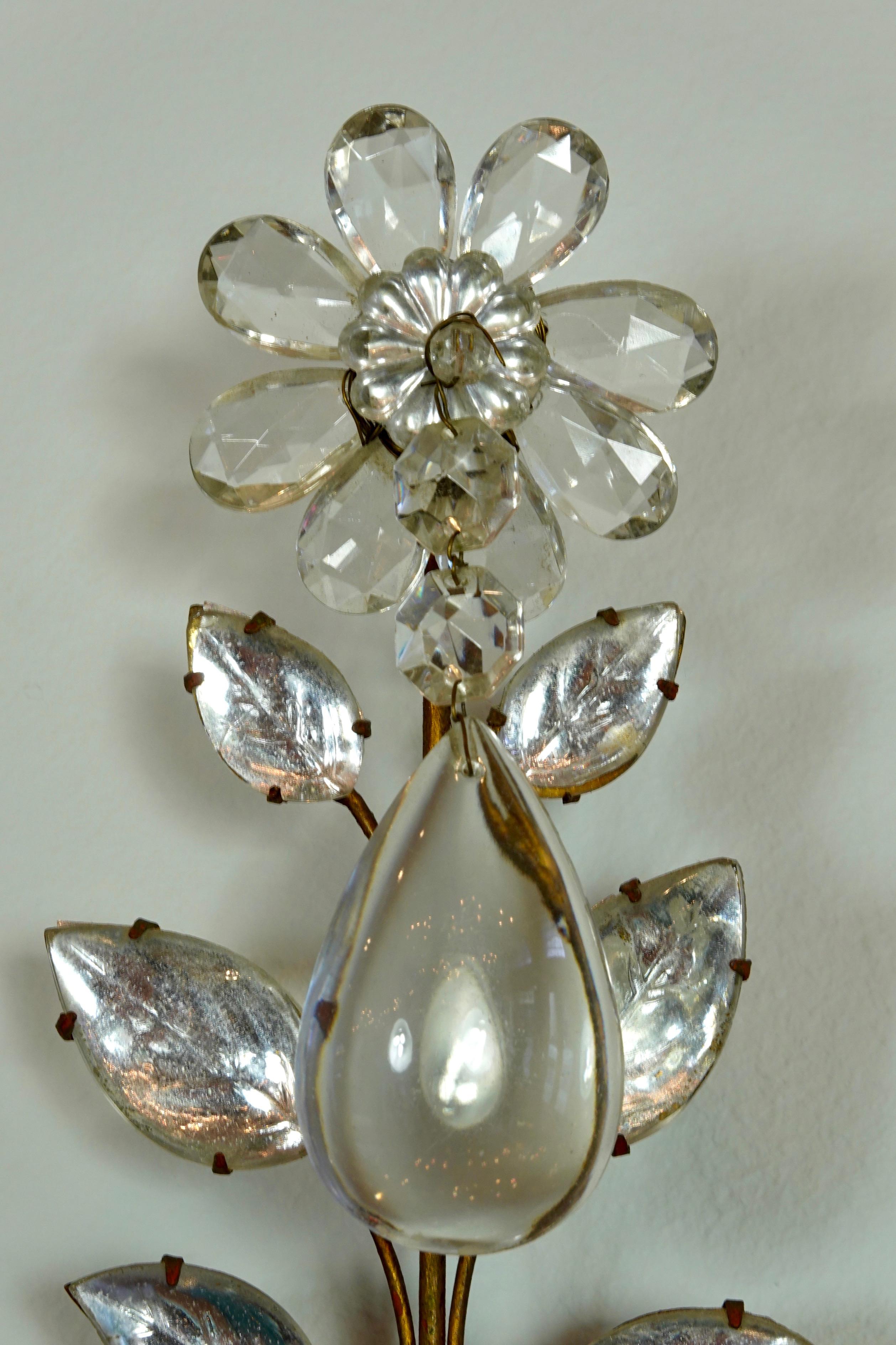 Pair of Maison Bagues Gilt-Iron and Crystal Flower and Leaf Sconces 3
