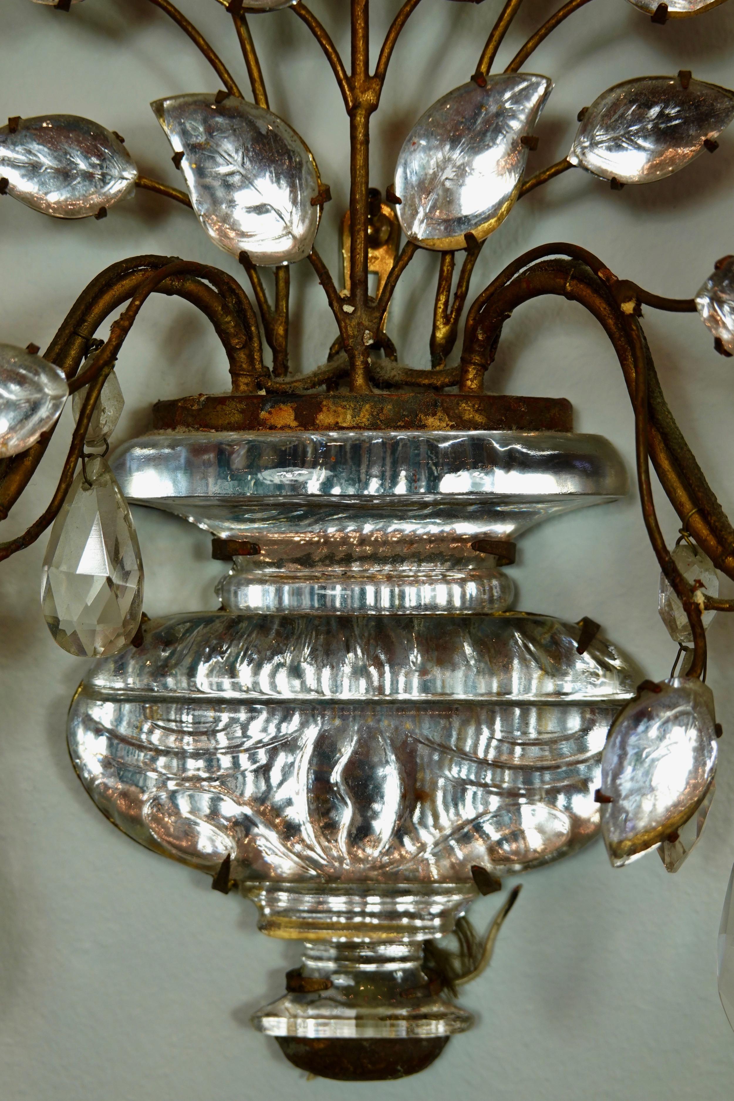 Pair of Maison Bagues Gilt-Iron and Crystal Flower and Leaf Sconces 4