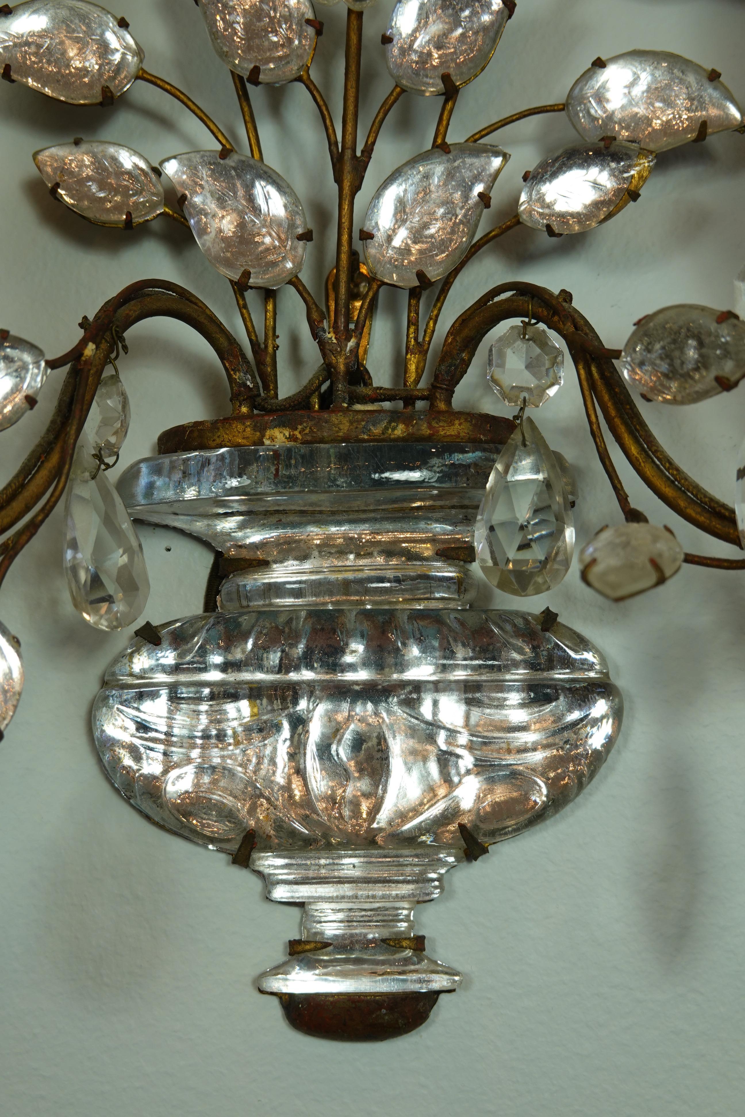 Pair of Maison Bagues Gilt-Iron and Crystal Flower and Leaf Sconces 5