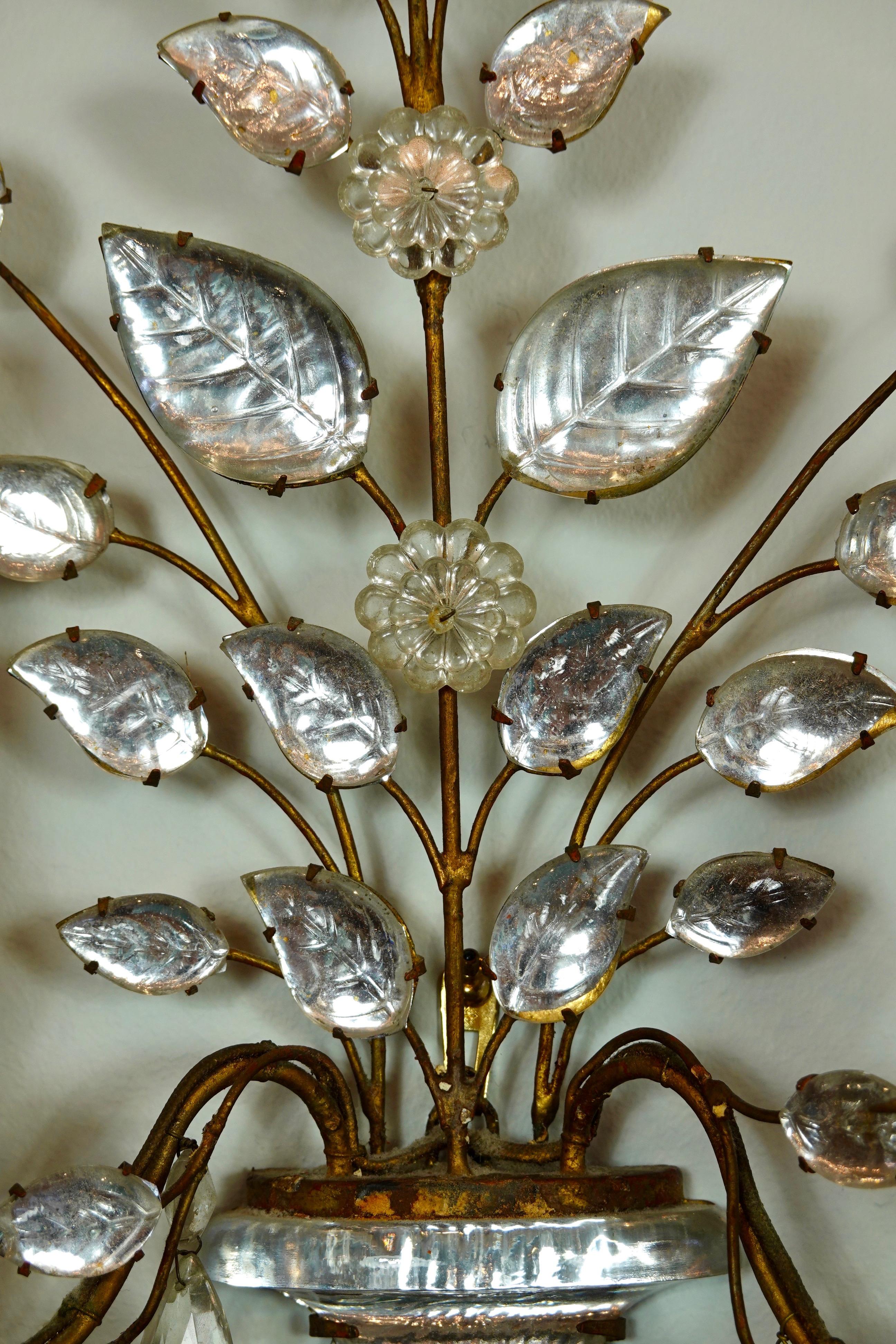 Pair of Maison Bagues Gilt-Iron and Crystal Flower and Leaf Sconces 6