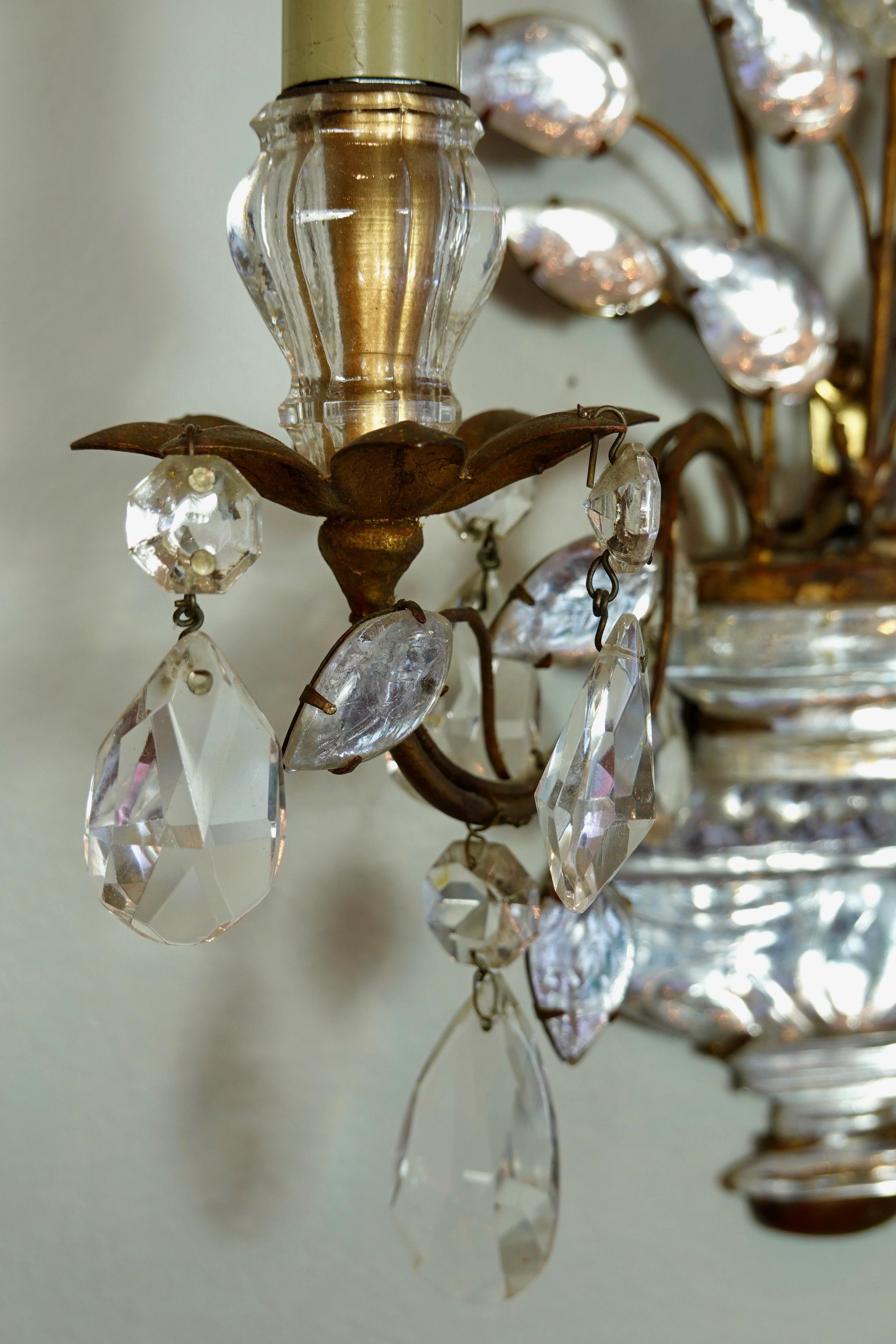 Pair of Maison Bagues Gilt-Iron and Crystal Flower and Leaf Sconces 7