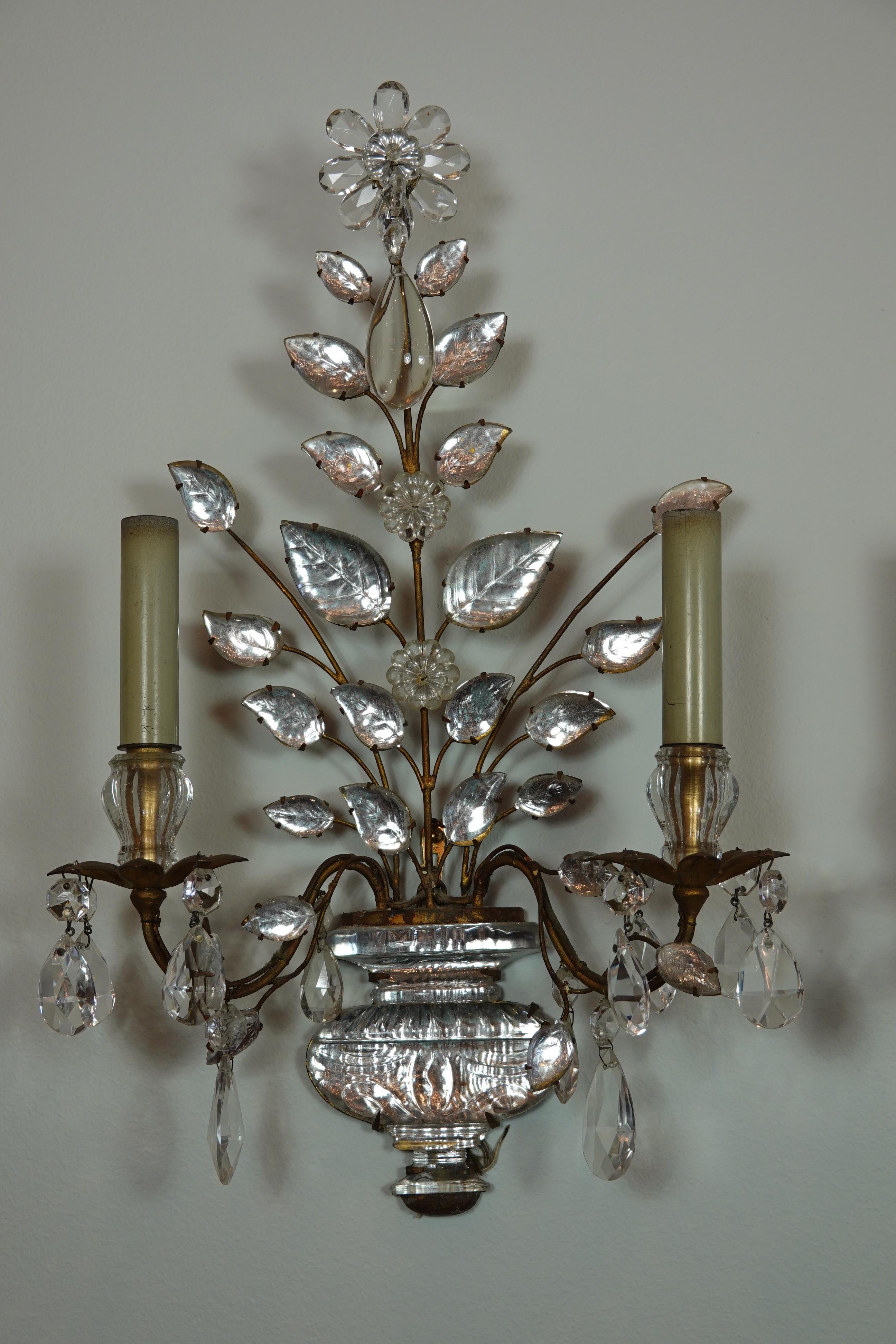 French Pair of Maison Bagues Gilt-Iron and Crystal Flower and Leaf Sconces