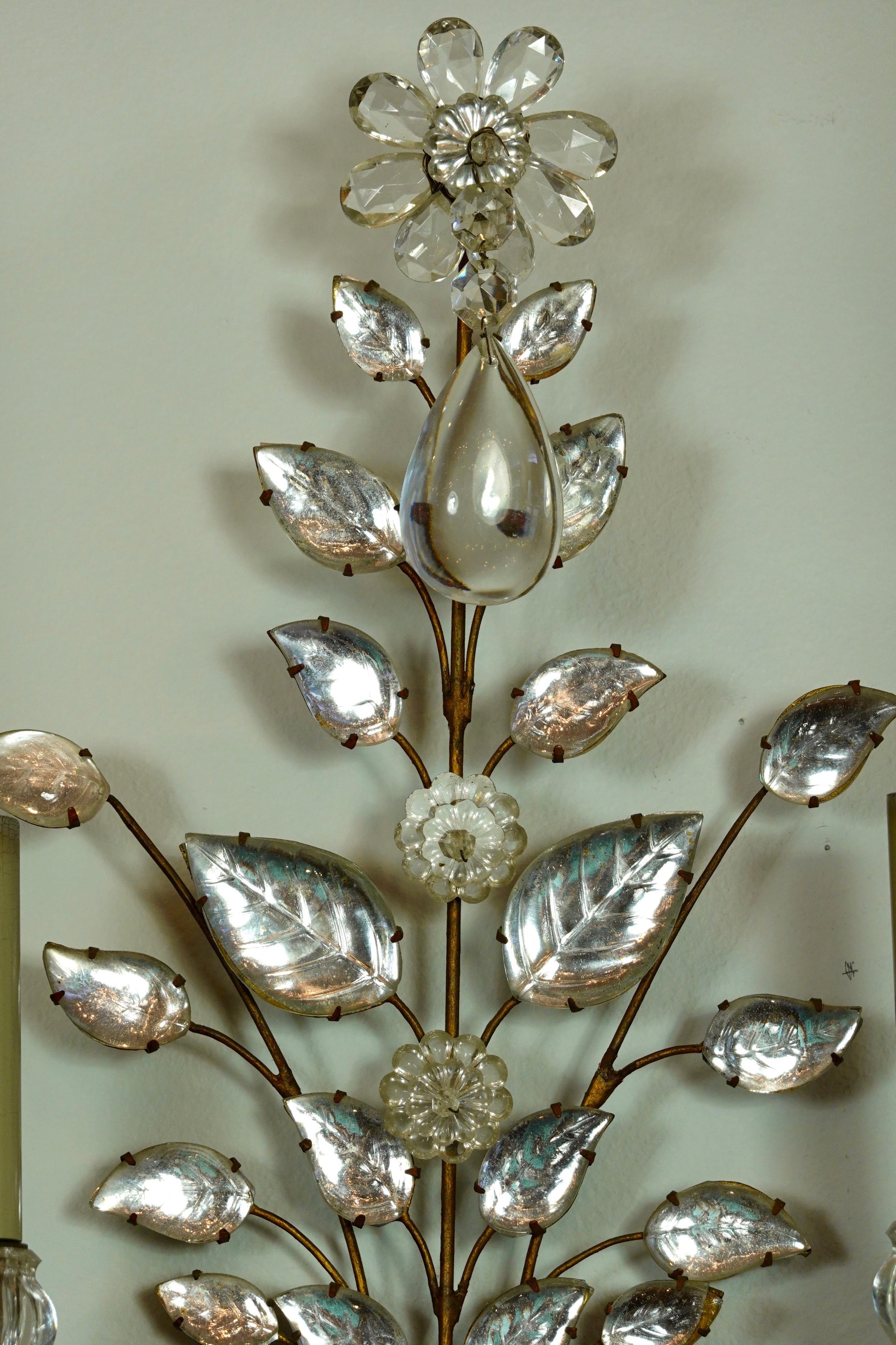 20th Century Pair of Maison Bagues Gilt-Iron and Crystal Flower and Leaf Sconces