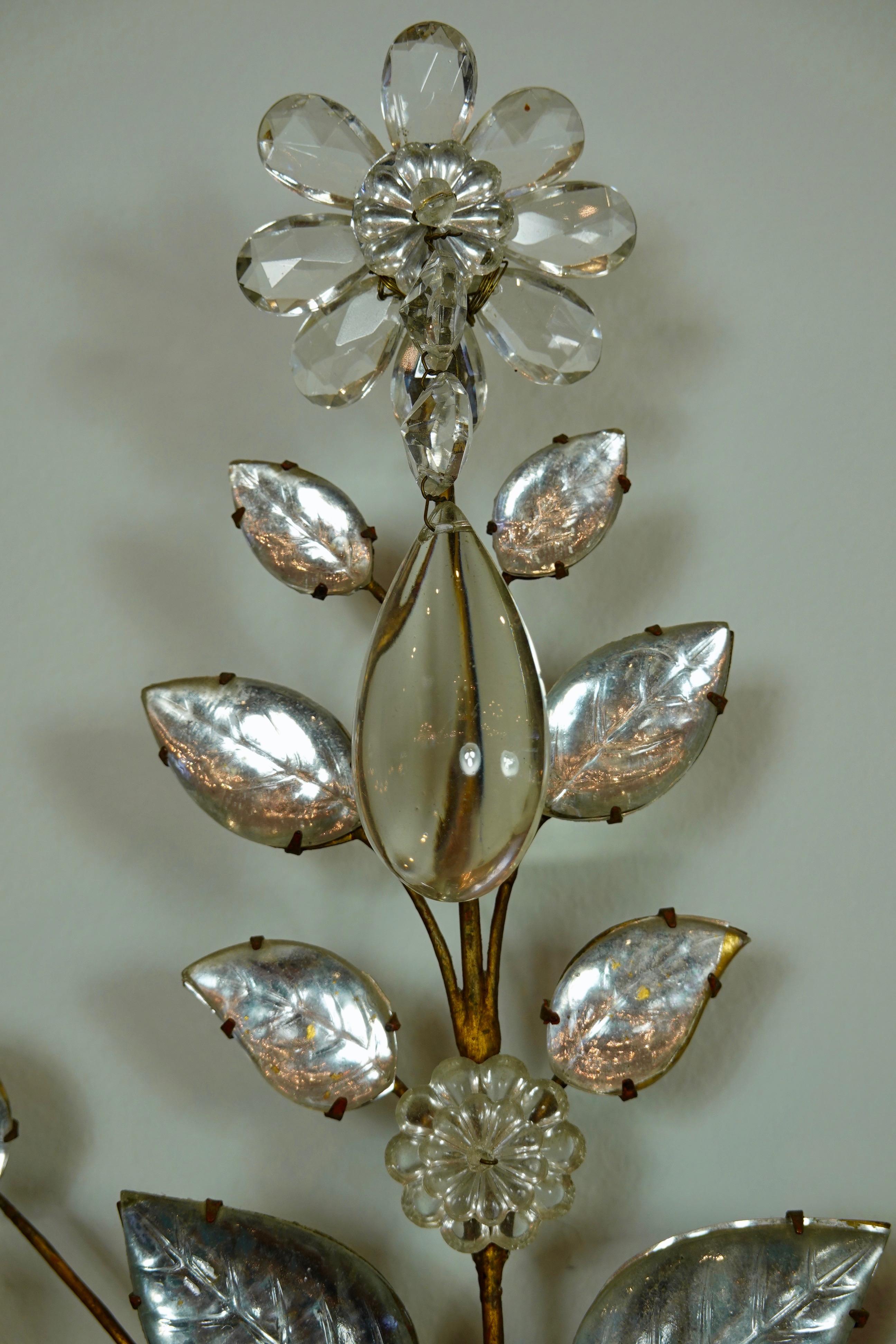 Pair of Maison Bagues Gilt-Iron and Crystal Flower and Leaf Sconces 1