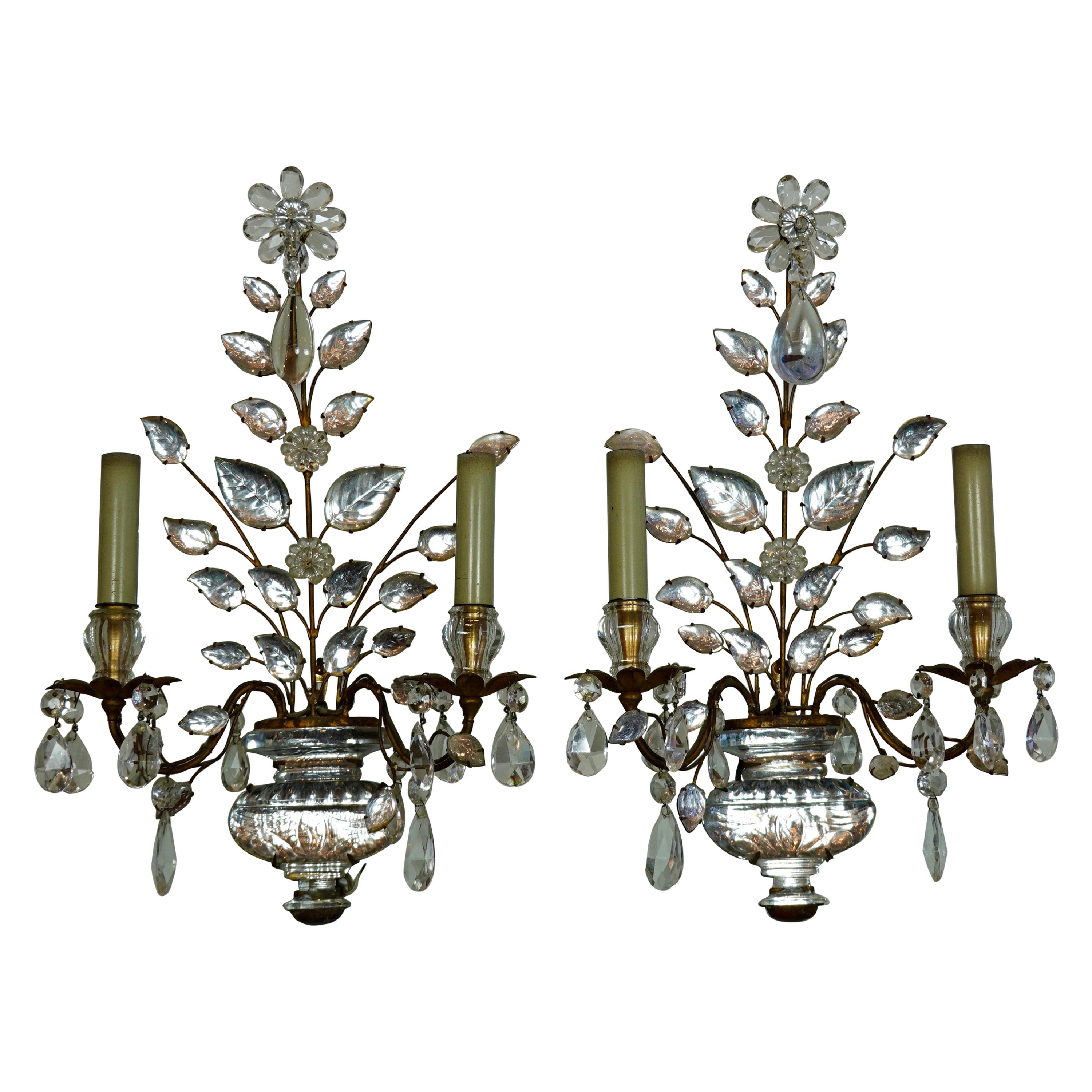 Pair of Maison Bagues Gilt-Iron and Crystal Flower and Leaf Sconces