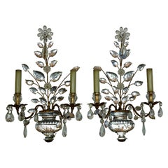 Pair of Maison Bagues Gilt-Iron and Crystal Flower and Leaf Sconces