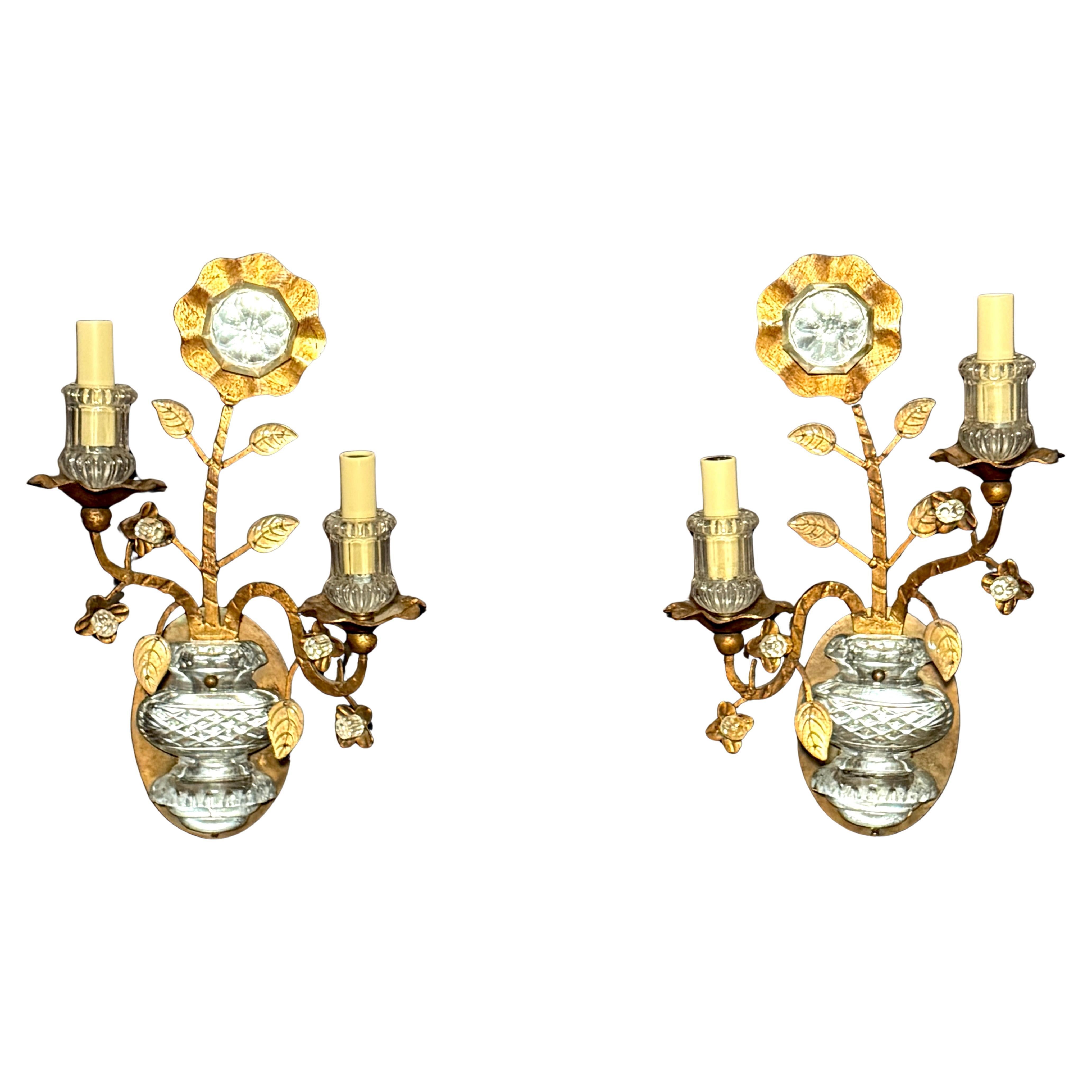 Pair Of Maison Bagues Gilt Metal And Glass Floral Wall Sconces